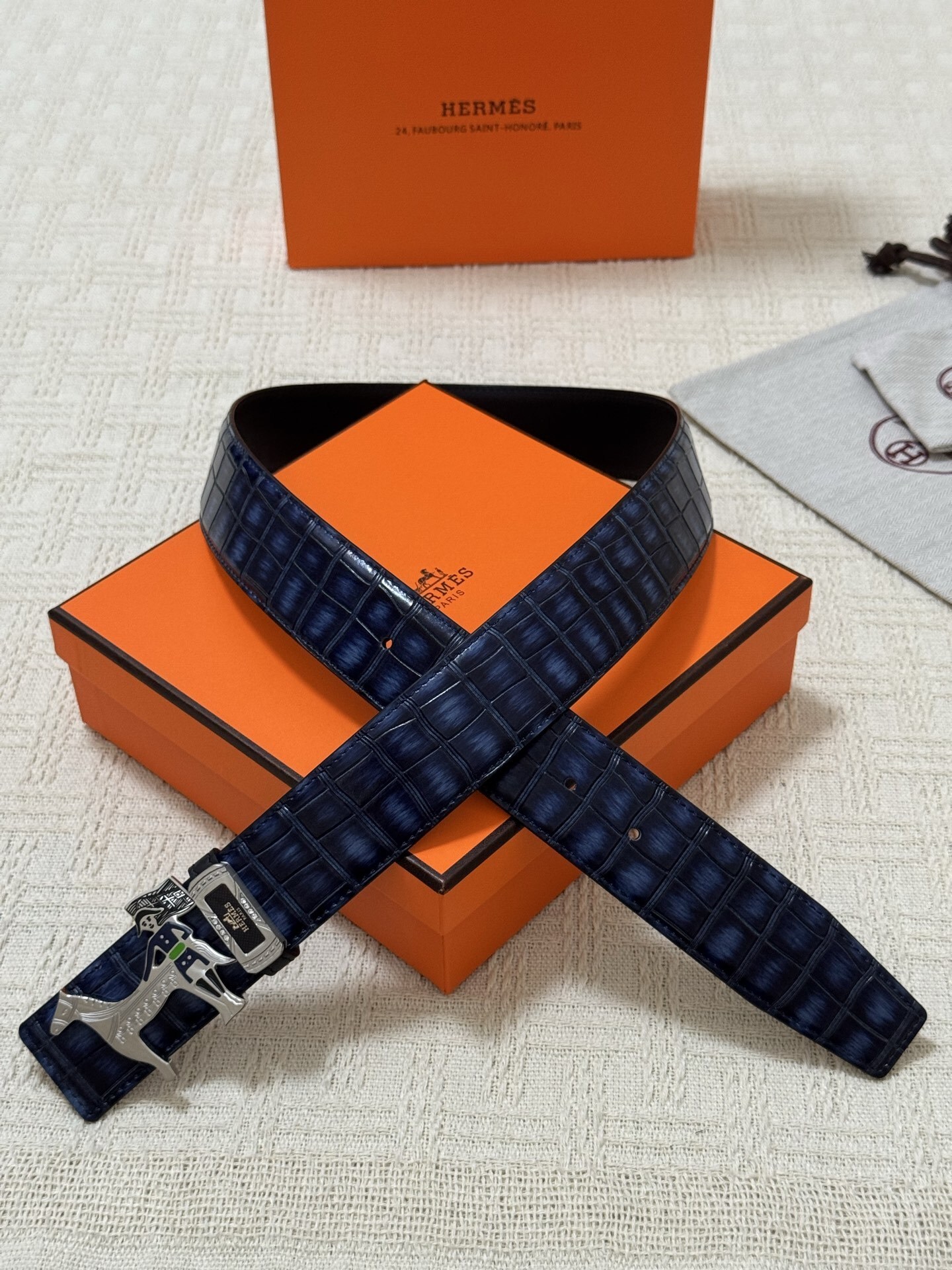 Hermès Men's Blue Crocodile Embossed Leather Belt with Horse Buckle