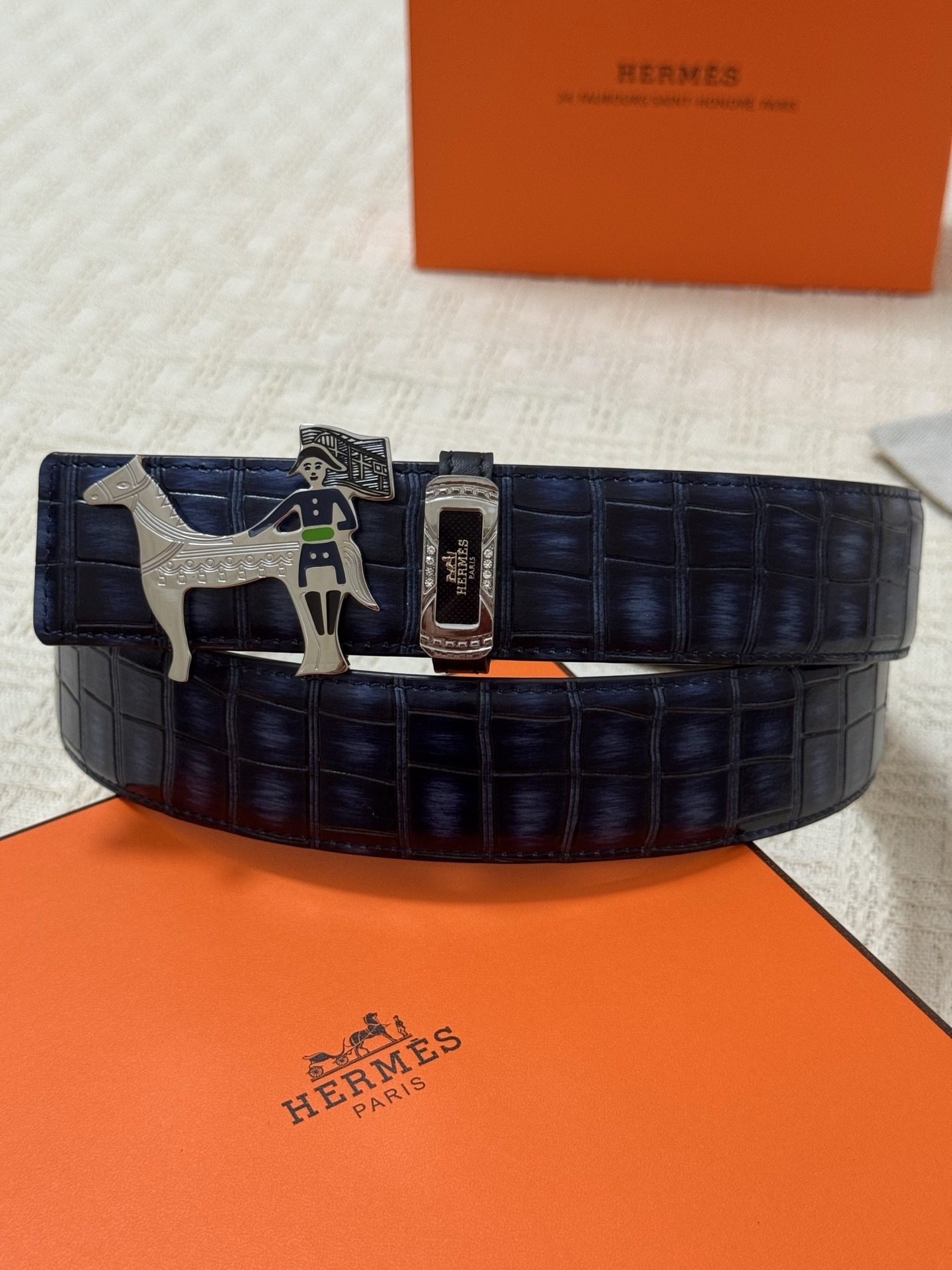 Hermès Men's Blue Crocodile Embossed Leather Belt with Horse Buckle