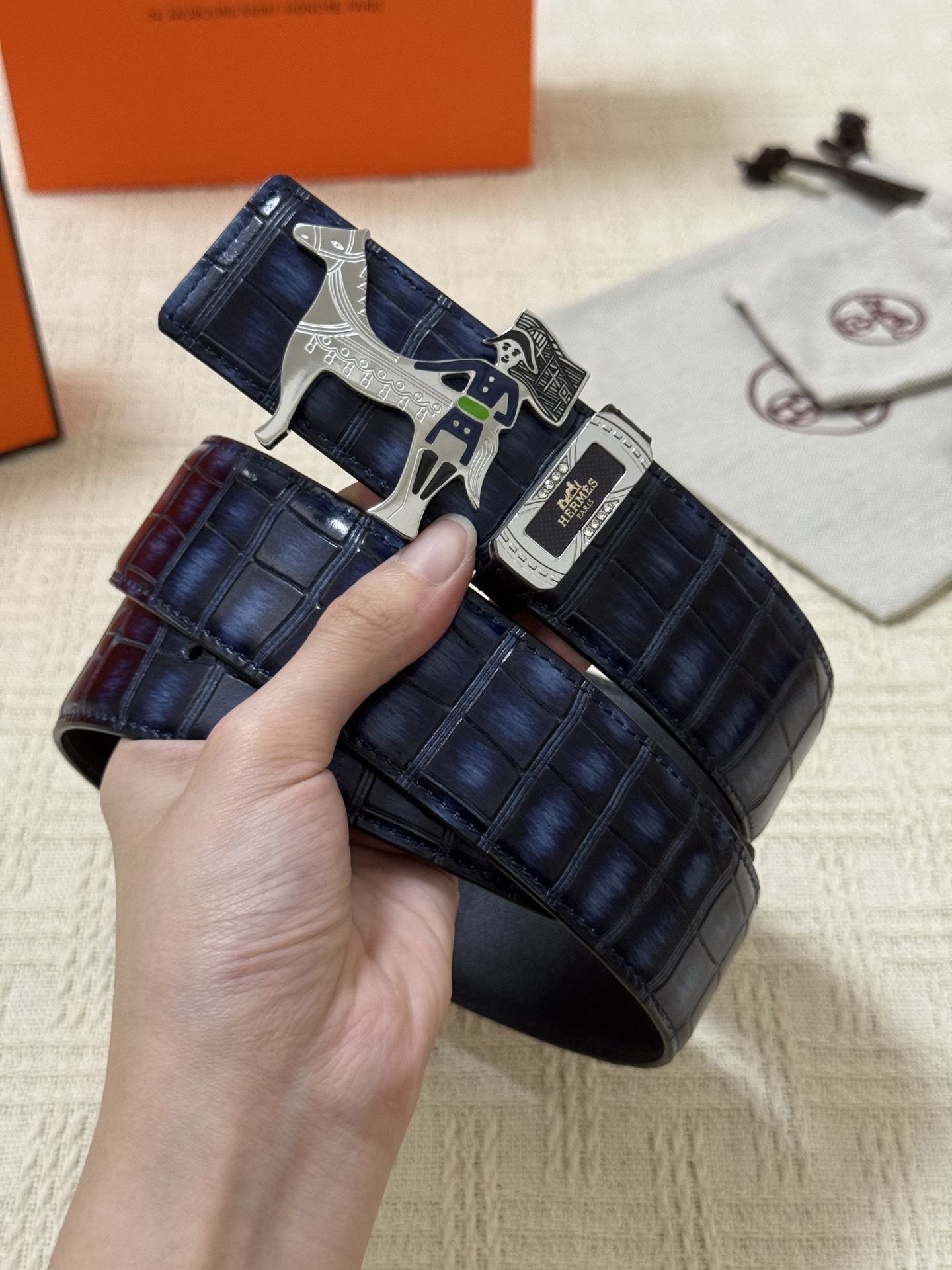 Hermès Men’s Blue Crocodile Embossed Leather Belt with Horse Buckle