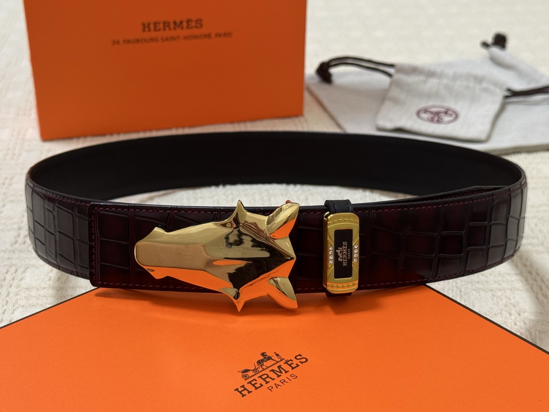 Hermès Men's Crocodile Leather Belt with Gold Horse Head Buckle