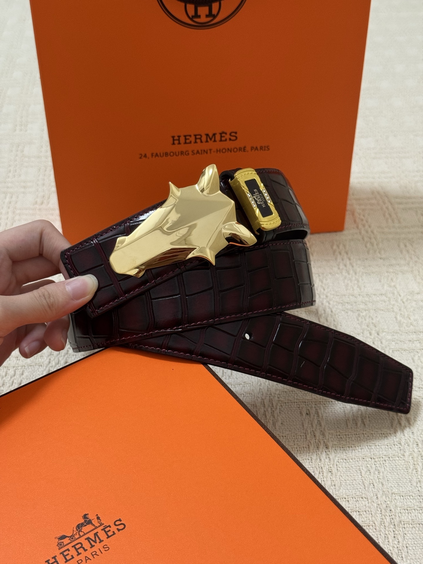 Hermès Men's Crocodile Leather Belt with Gold Horse Head Buckle