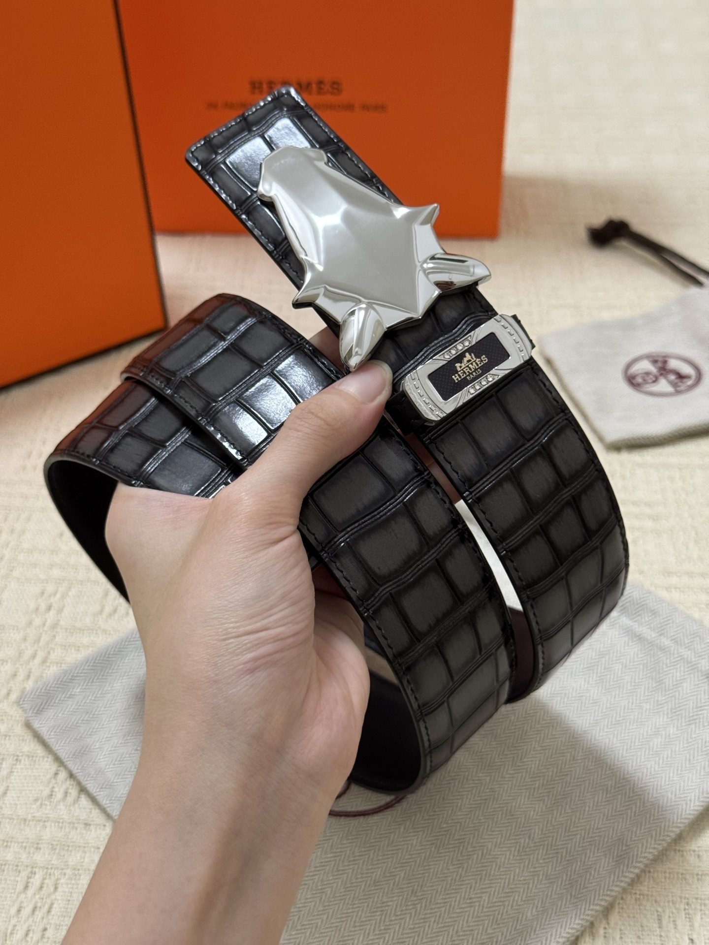 Hermes Men's Black Crocodile Leather Belt with Silver Horse Head