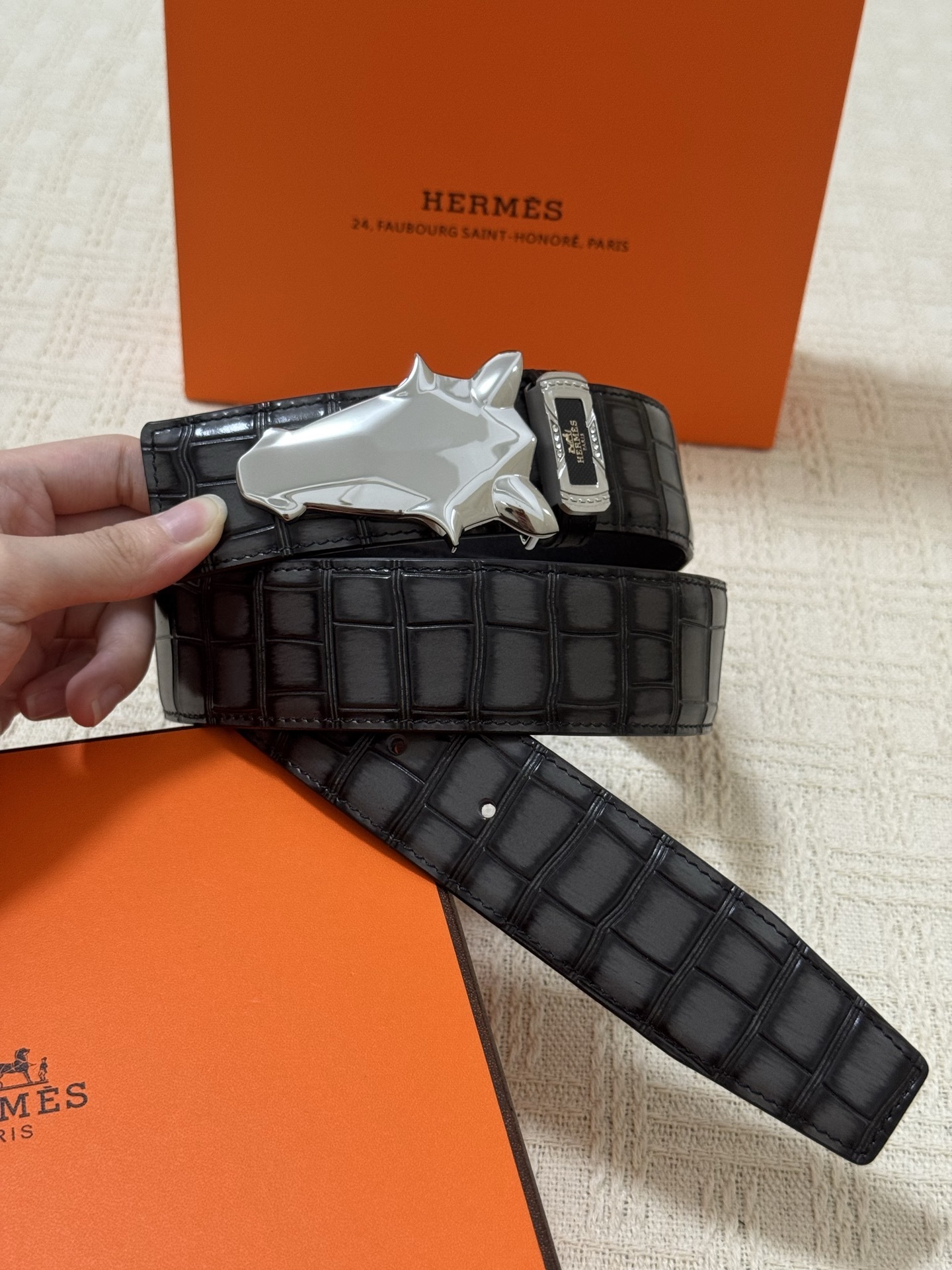 Hermes Men's Black Crocodile Leather Belt with Silver Horse Head
