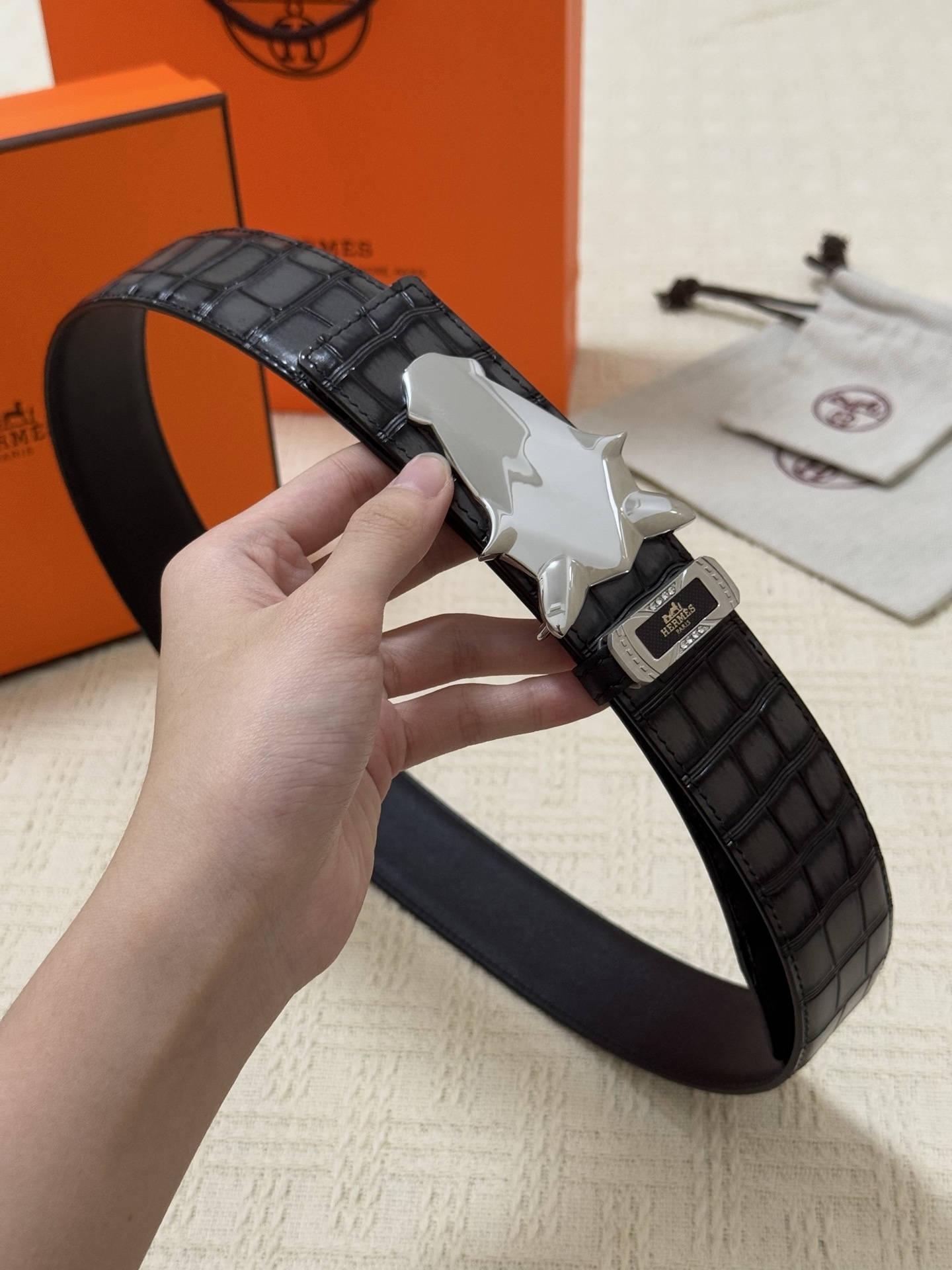 Hermes Men's Black Crocodile Leather Belt with Silver Horse Head