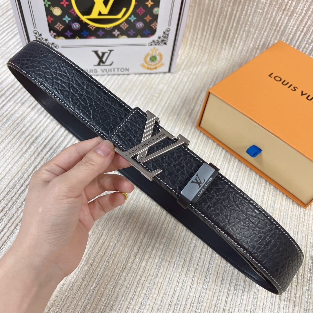 LV Men's Pebbled Leather Belt with Initial Buckle - Gold & Silver