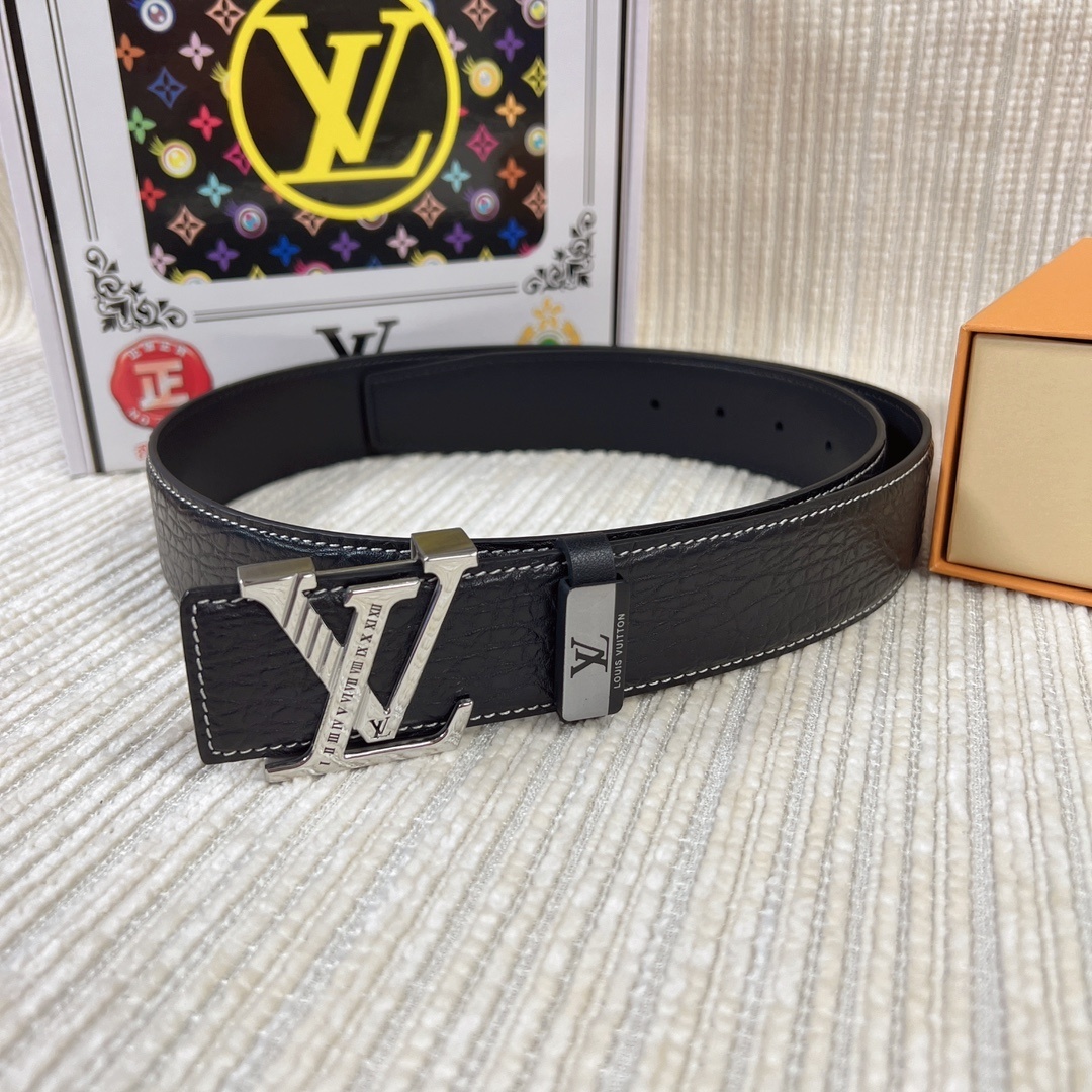 LV Men's Pebbled Leather Belt with Initial Buckle - Gold & Silver