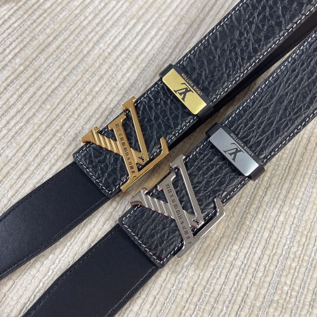 LV Men’s Pebbled Leather Belt with Initial Buckle – Gold & Silver