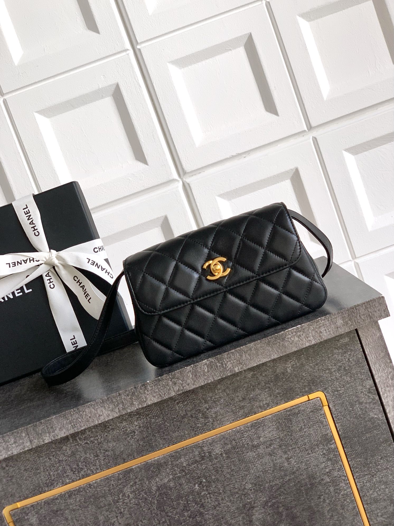 CHANEL Mini Matelasse Turn Lock Chain Bag Lamb Skin Black CC Auth 72435AV