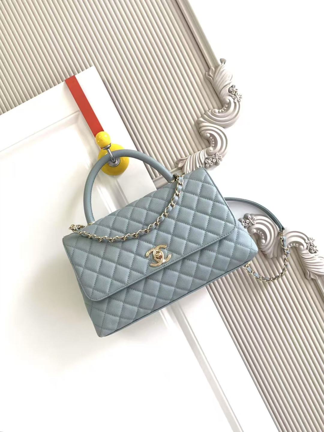 CHANEL Caviar Quilted Small Coco Handle Flap Light Blue 1047611