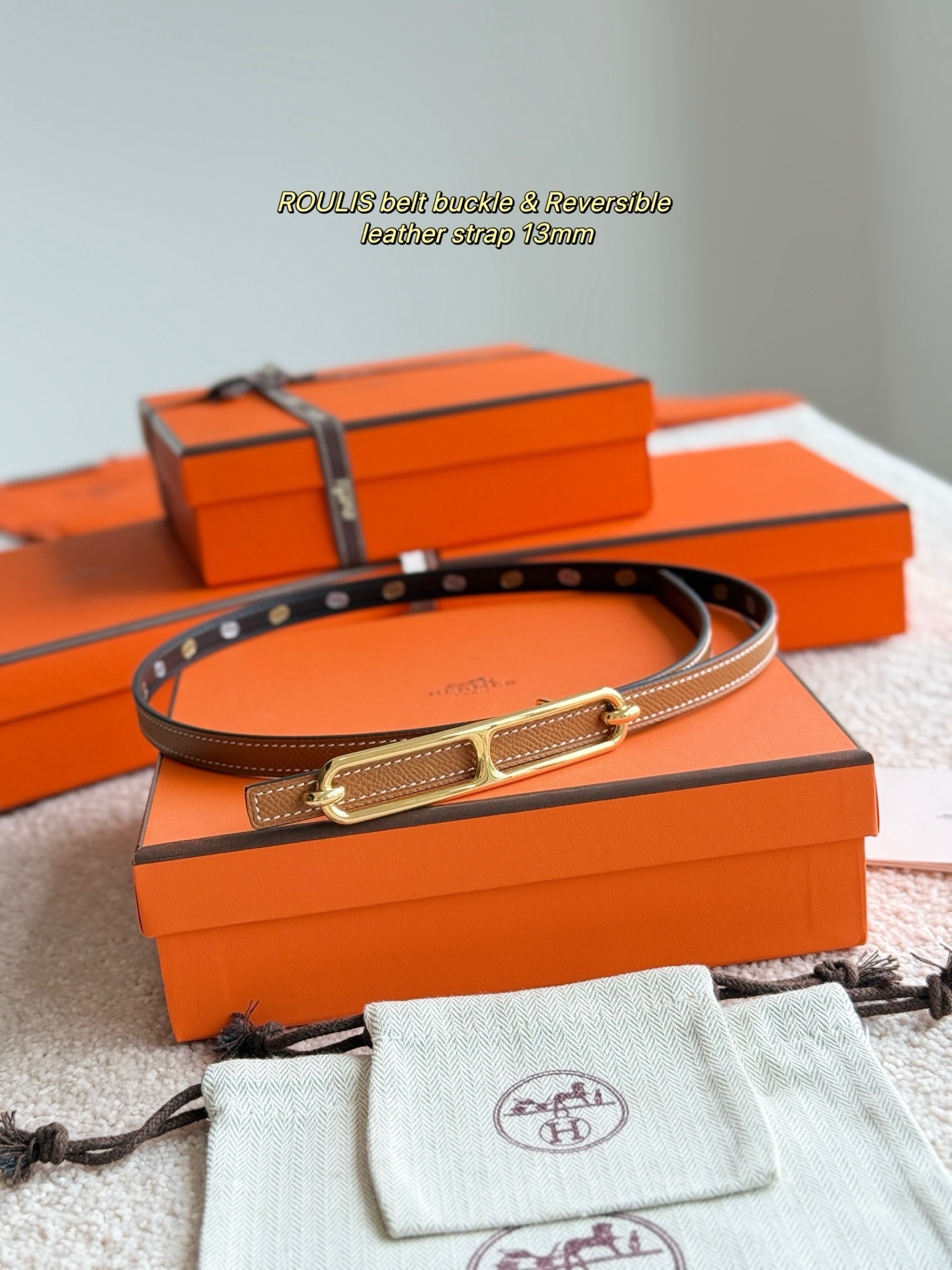 Hermes Roulis 13mm Reversible Leather Belt with Gold Buckle