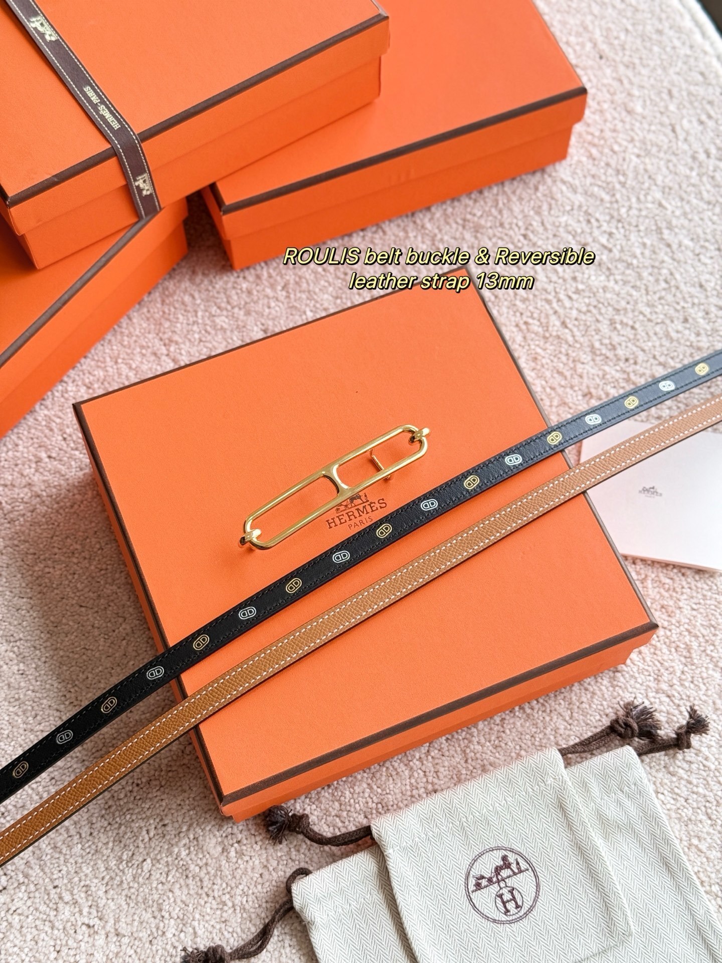 Hermes Roulis 13mm Reversible Leather Belt with Gold Buckle