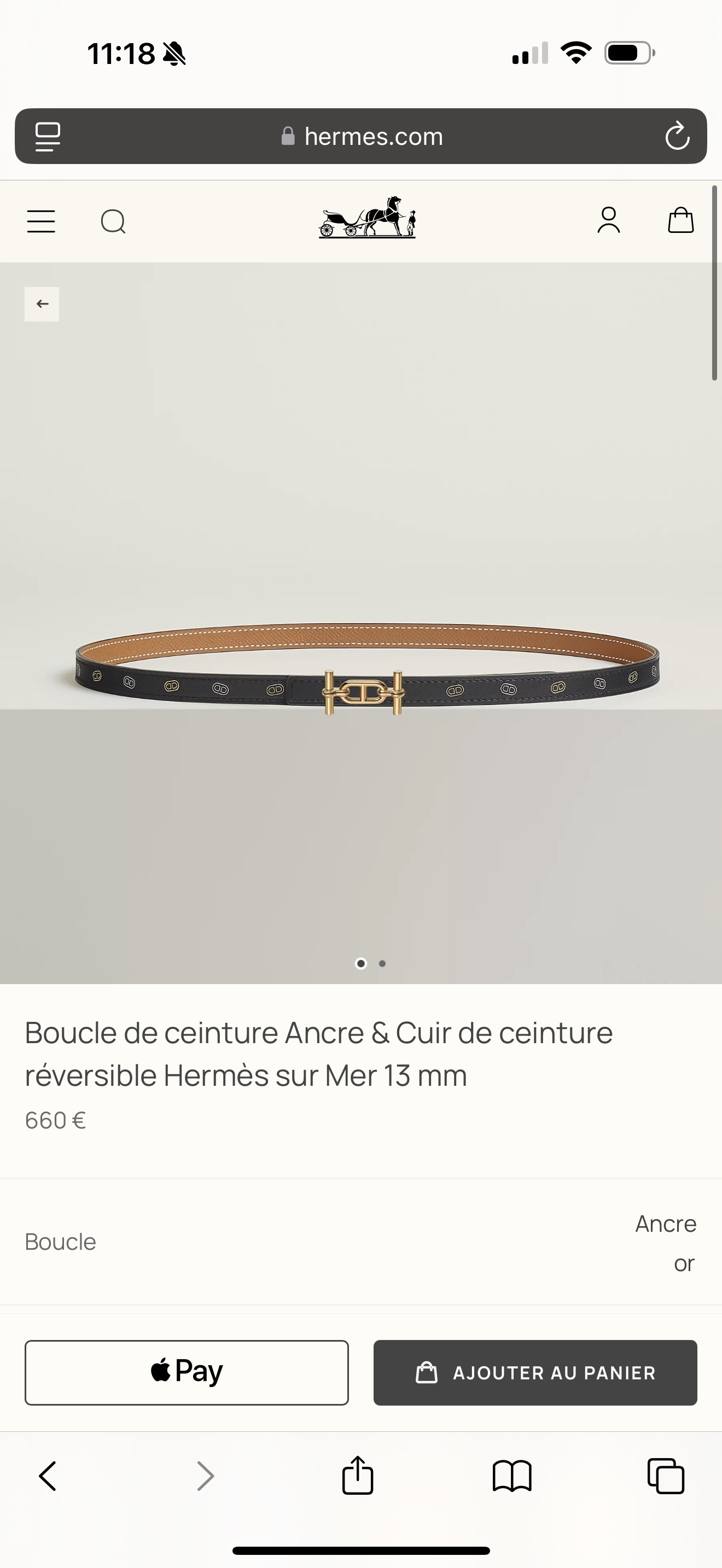 Hermès Ancre 13mm Reversible Leather Belt with Gold Buckle