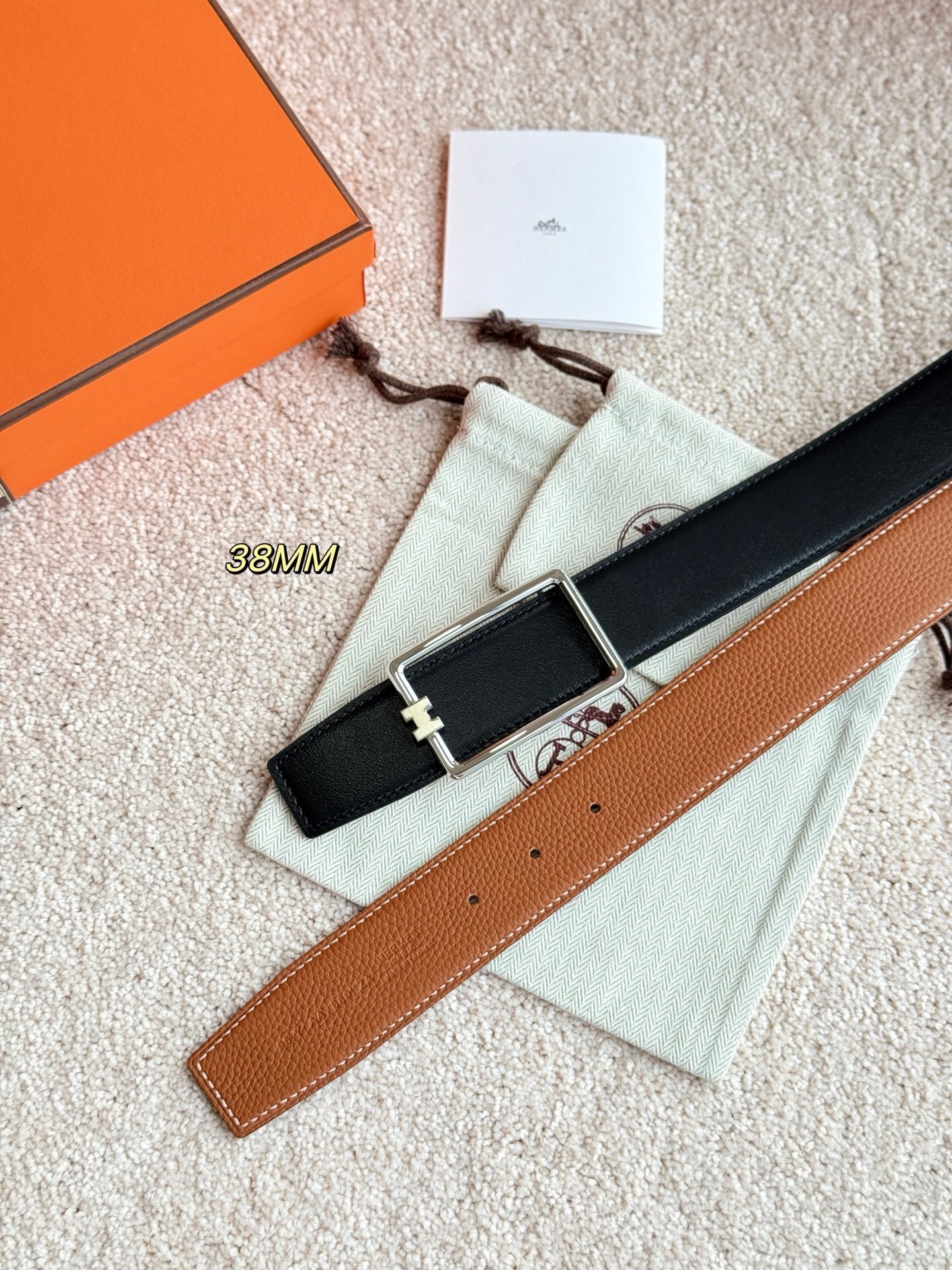 Hermès 38mm Reversible Leather Belt with Tube H Silver Buckle
