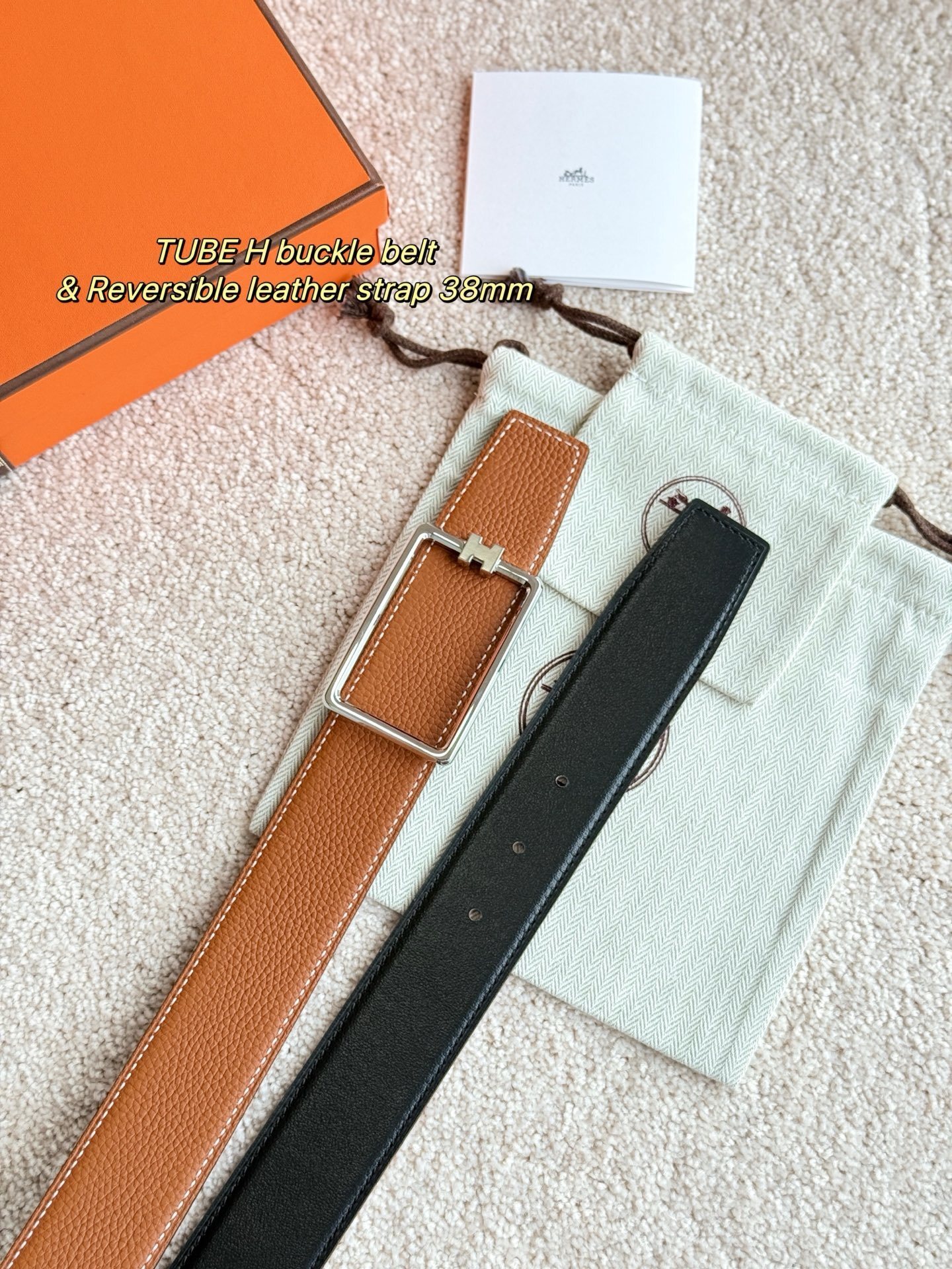 Hermès 38mm Reversible Leather Belt with Tube H Silver Buckle