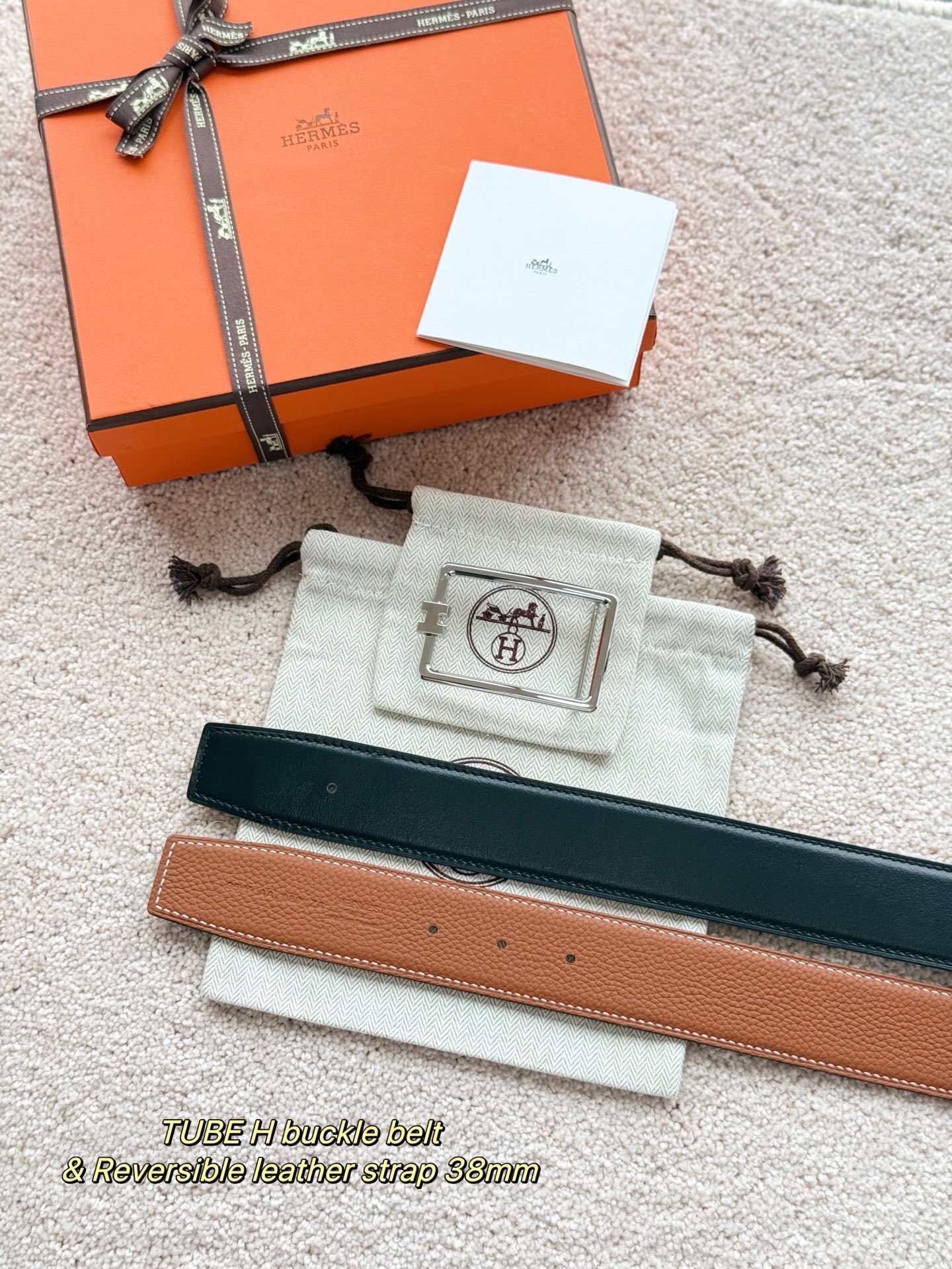Hermès 38mm Reversible Leather Belt with Tube H Silver Buckle