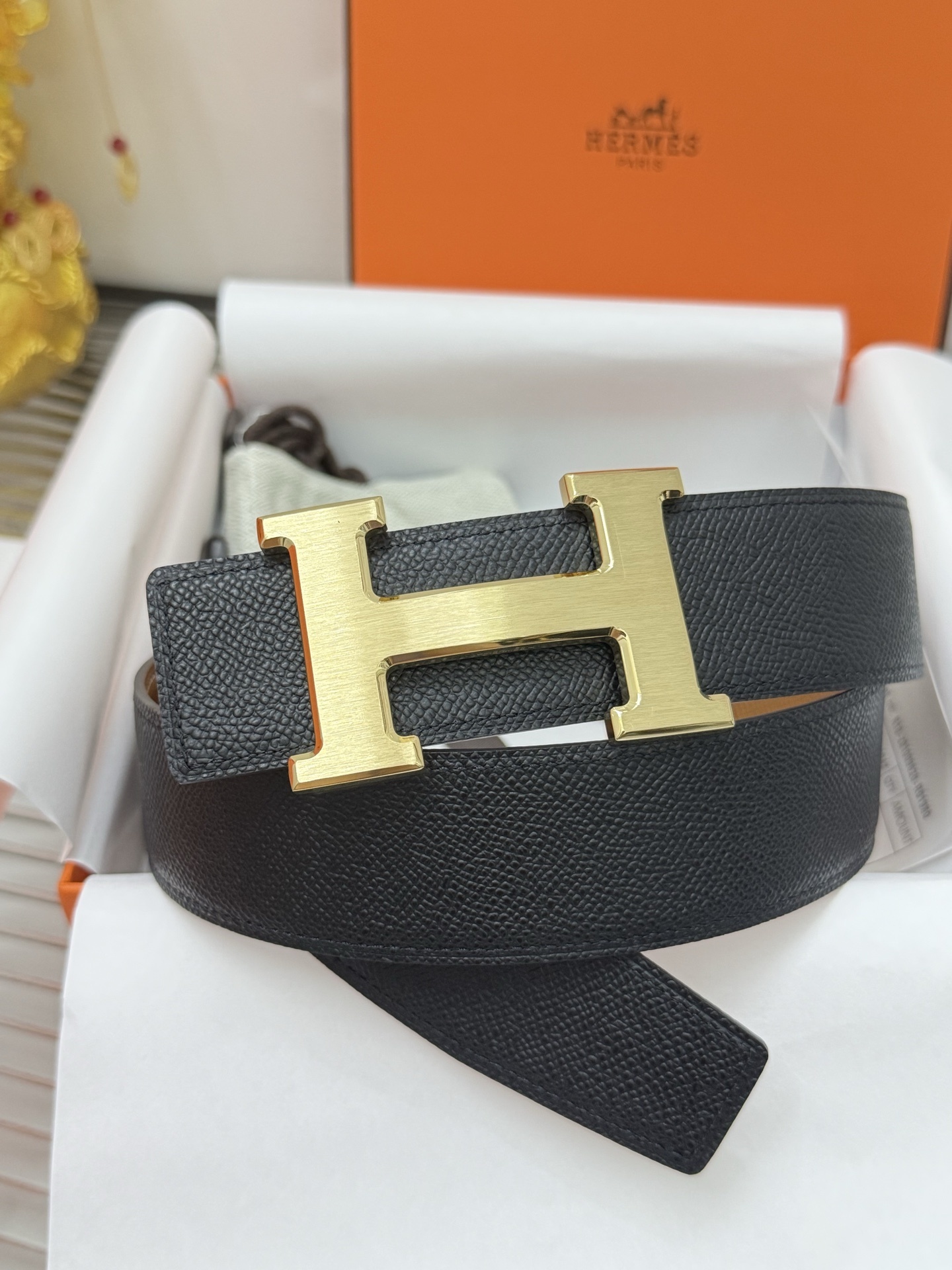 Premium Luxury Black Leather Belt with Gold H Buckle