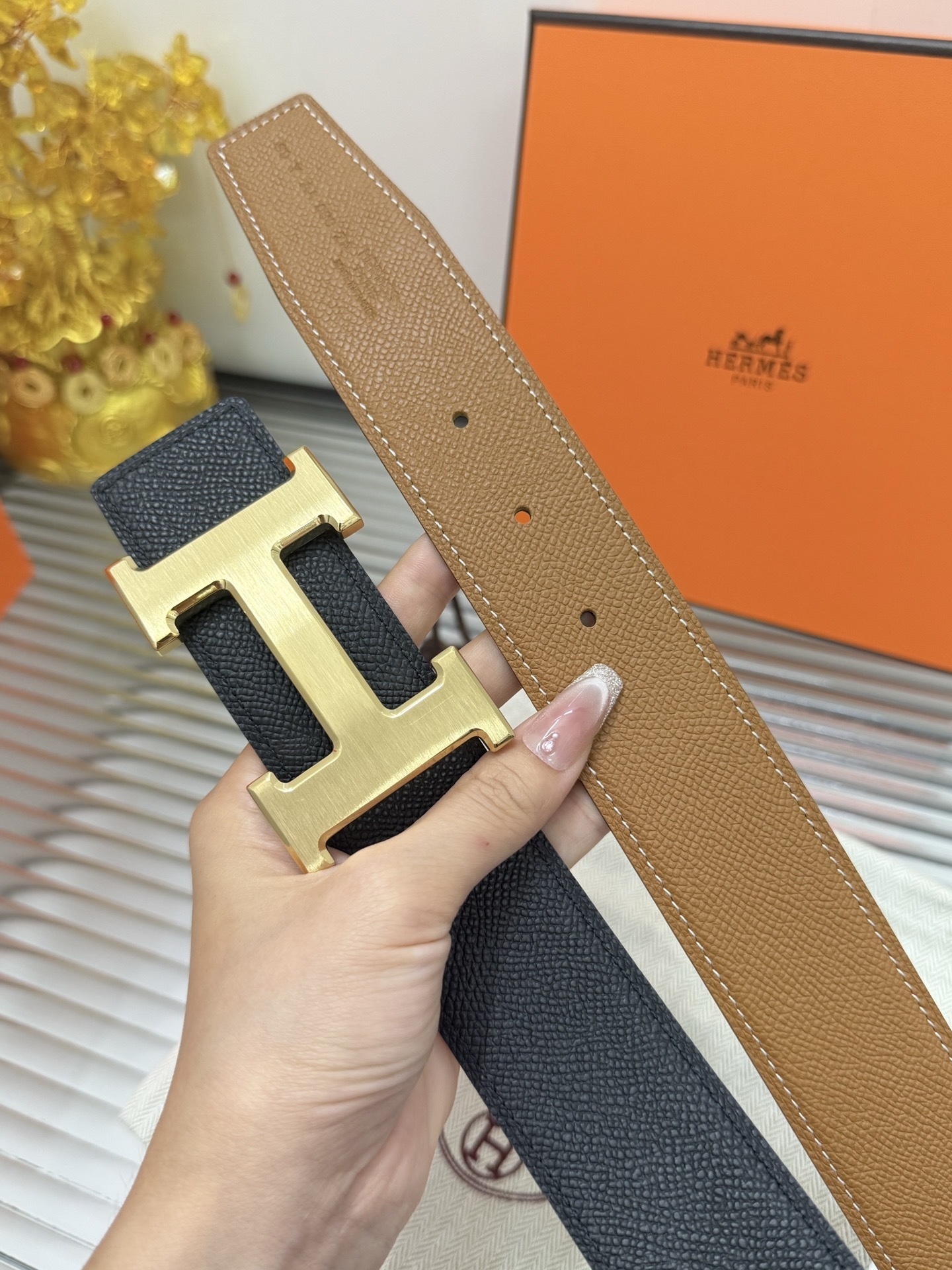 Premium Luxury Black Leather Belt with Gold H Buckle
