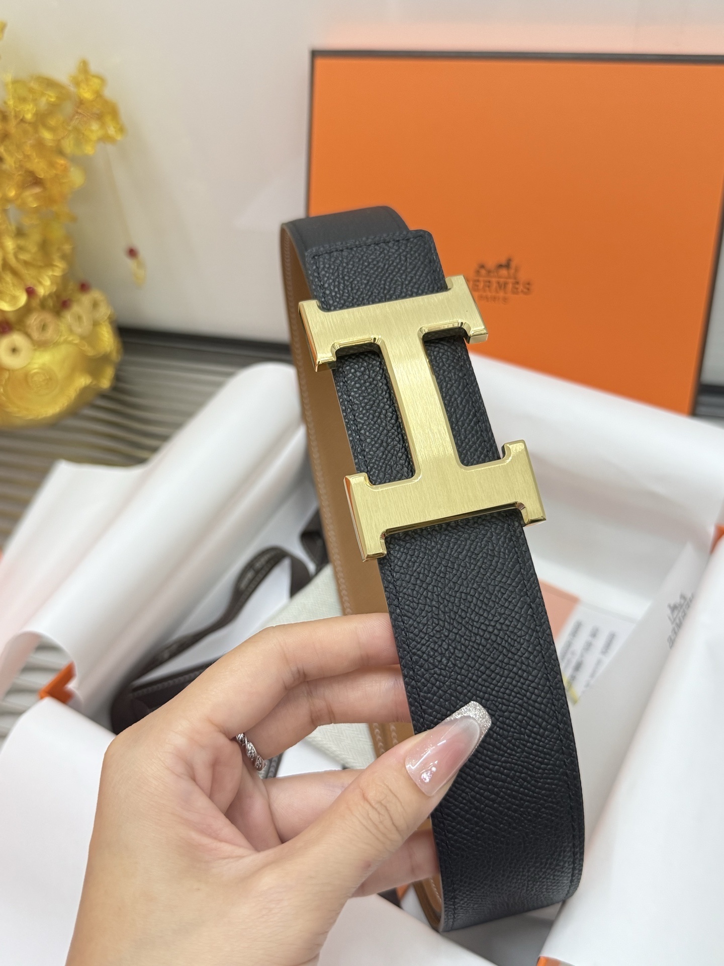 Premium Luxury Black Leather Belt with Gold H Buckle