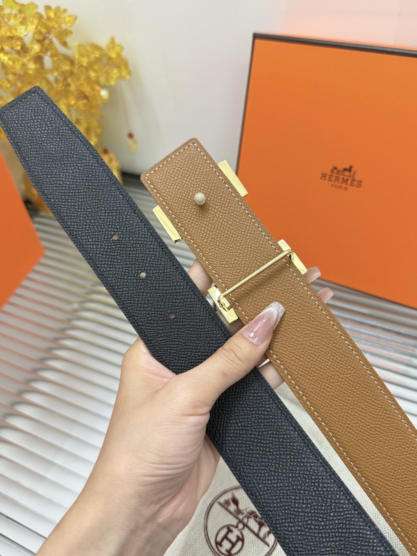 Premium Luxury Black Leather Belt with Gold H Buckle