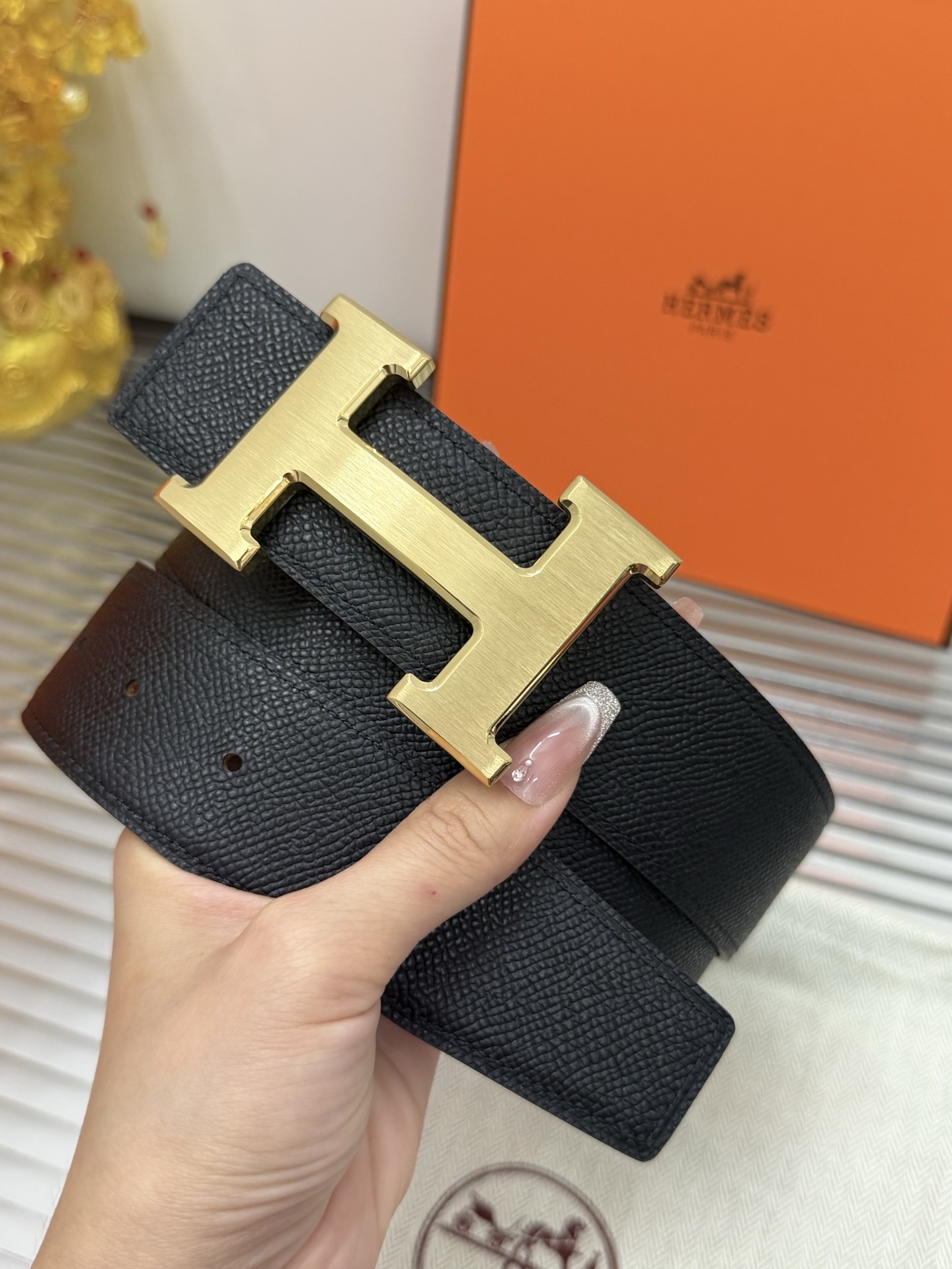 Premium Luxury Black Leather Belt with Gold H Buckle
