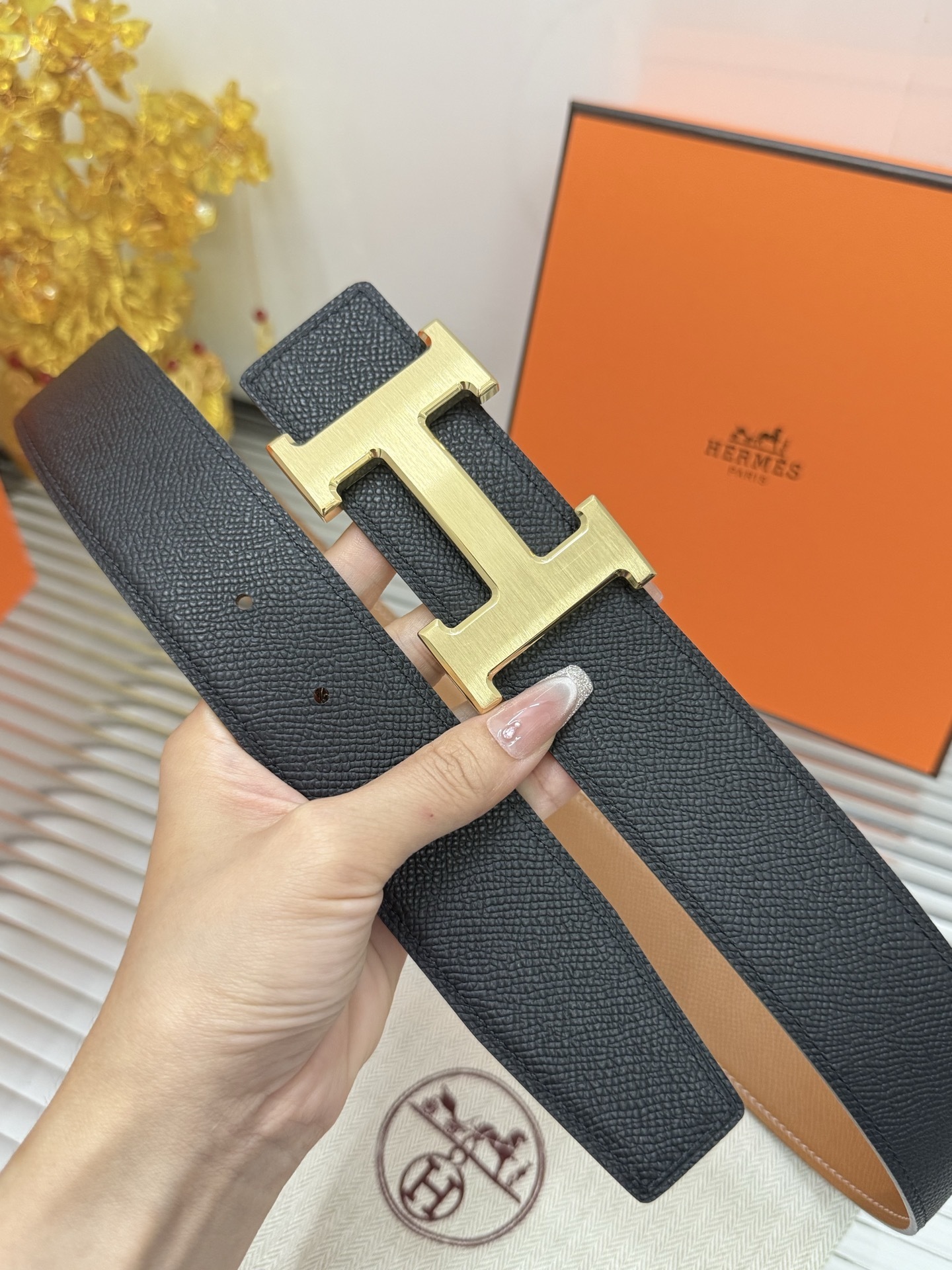 Premium Luxury Black Leather Belt with Gold H Buckle
