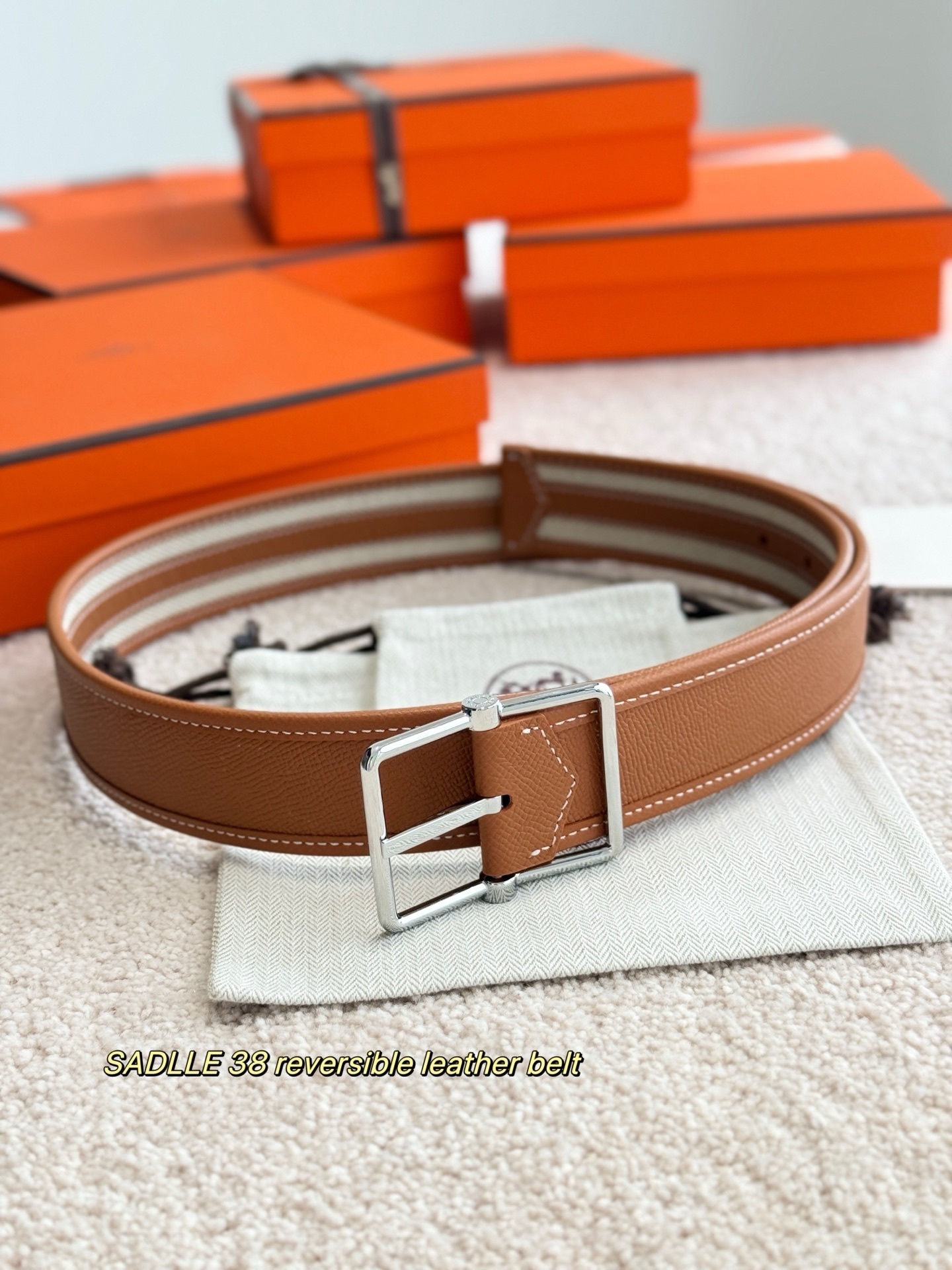 Saddle 38 Reversible Striped Leather Belt for Men