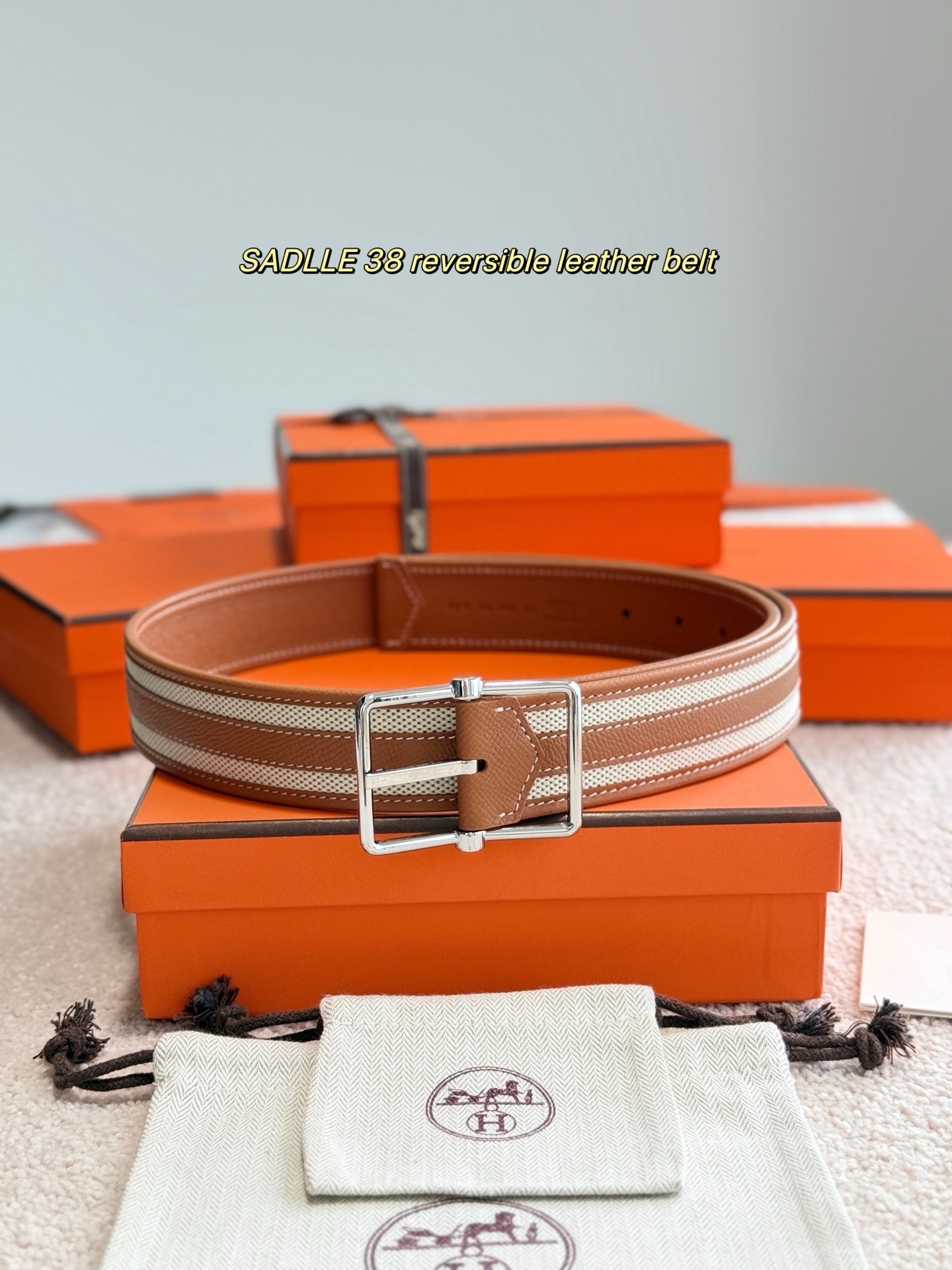 Saddle 38 Reversible Striped Leather Belt for Men