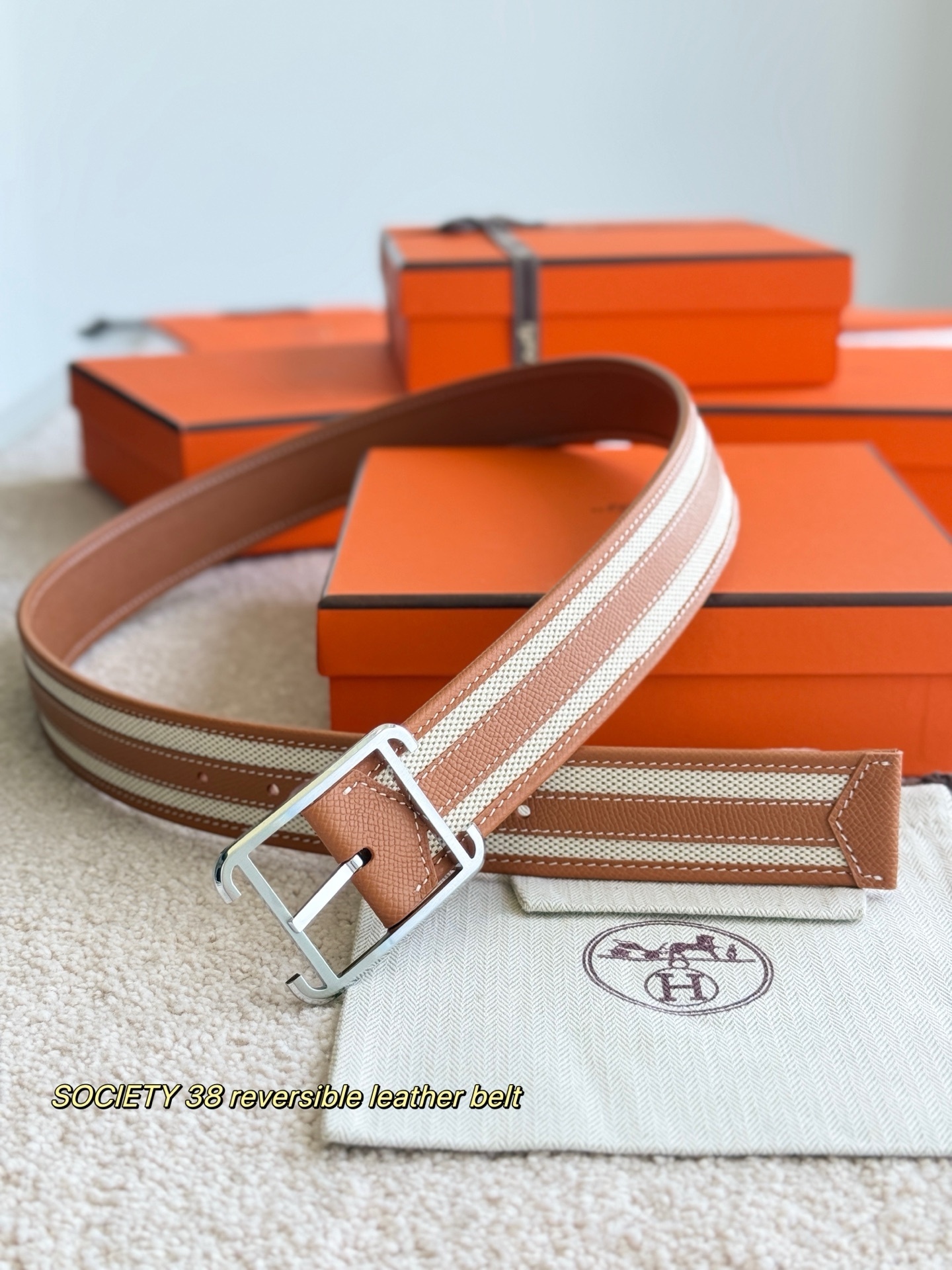 Hermes Society 38 Reversible Leather Belt with Palladium Buckle