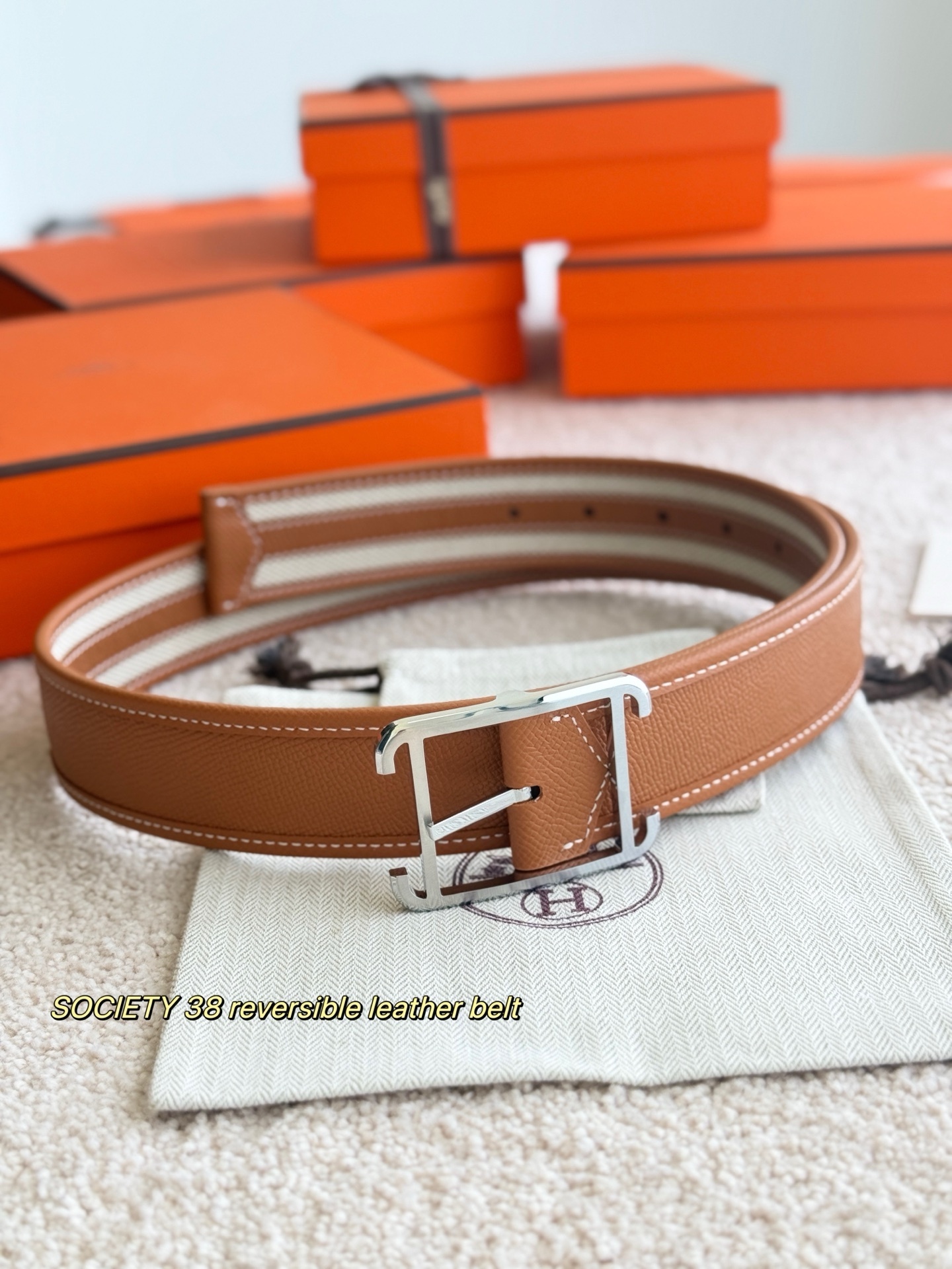 Hermes Society 38 Reversible Leather Belt with Palladium Buckle