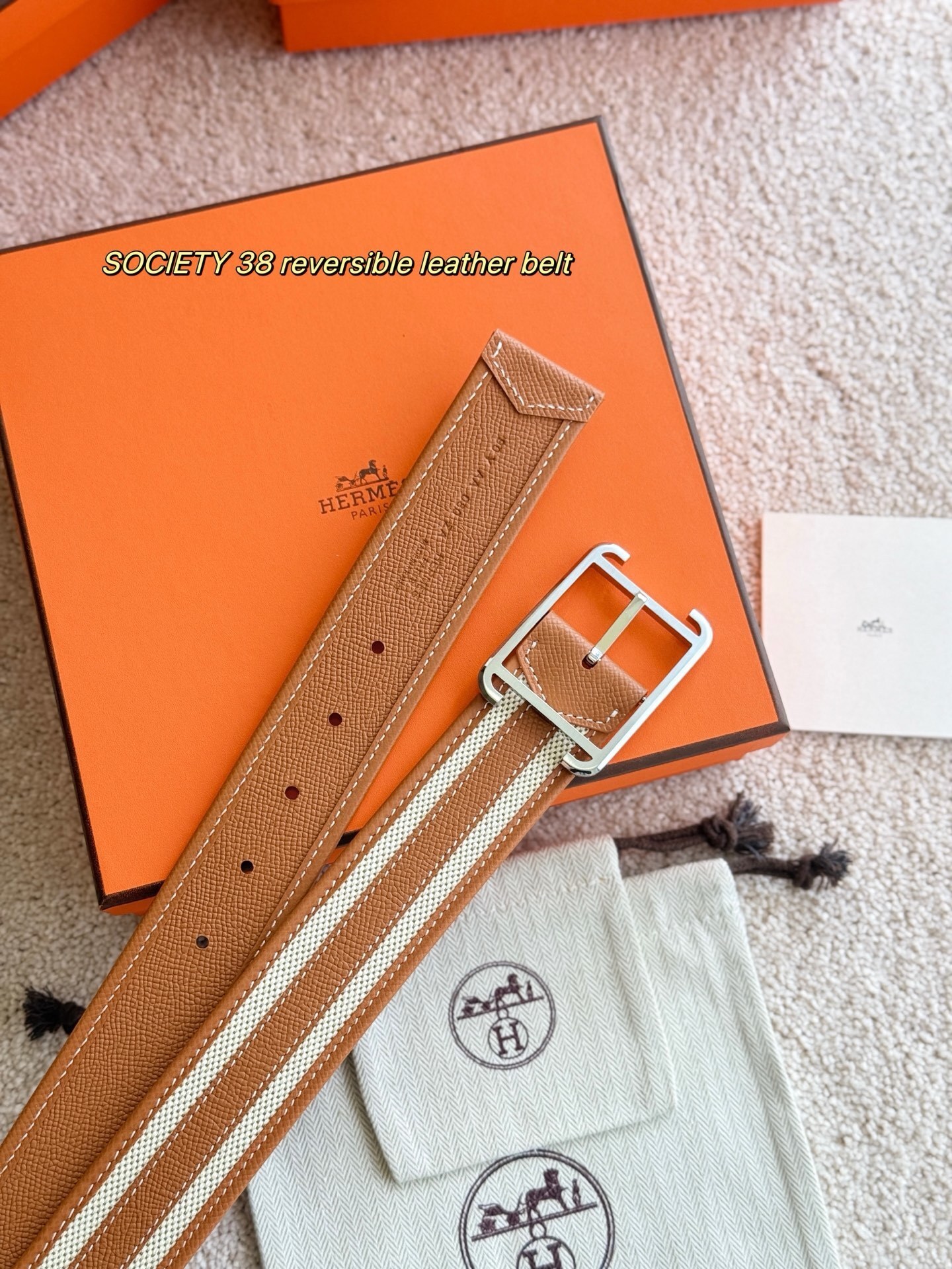 Hermes Society 38 Reversible Leather Belt with Palladium Buckle