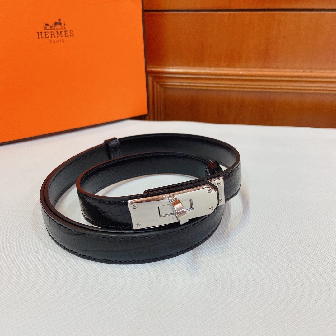 Hermes Kelly 18 Belt - Black Crocodile Leather with Silver Buckle