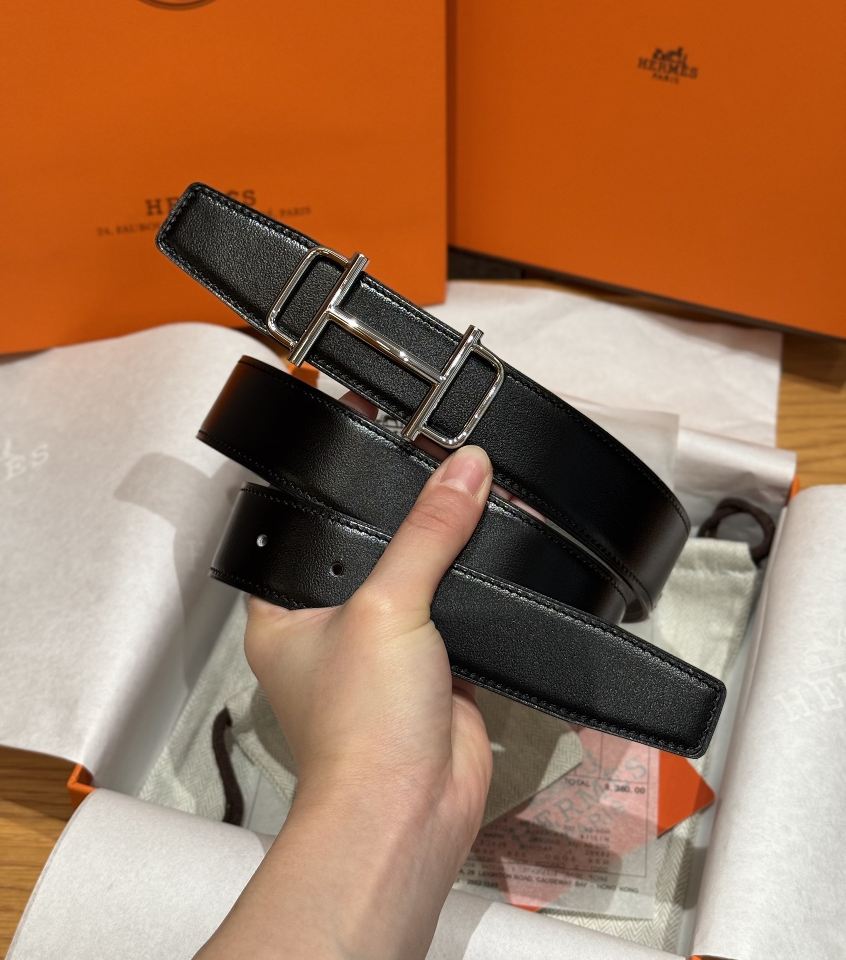 Hermès Reversible Leather Belt with Silver H Buckle - Grey/Black