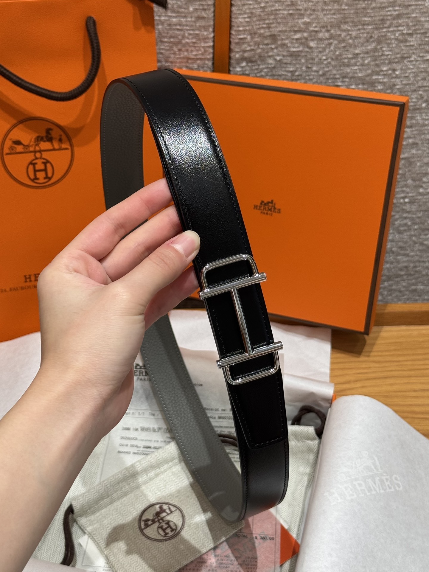 Hermès Reversible Leather Belt with Silver H Buckle - Grey/Black