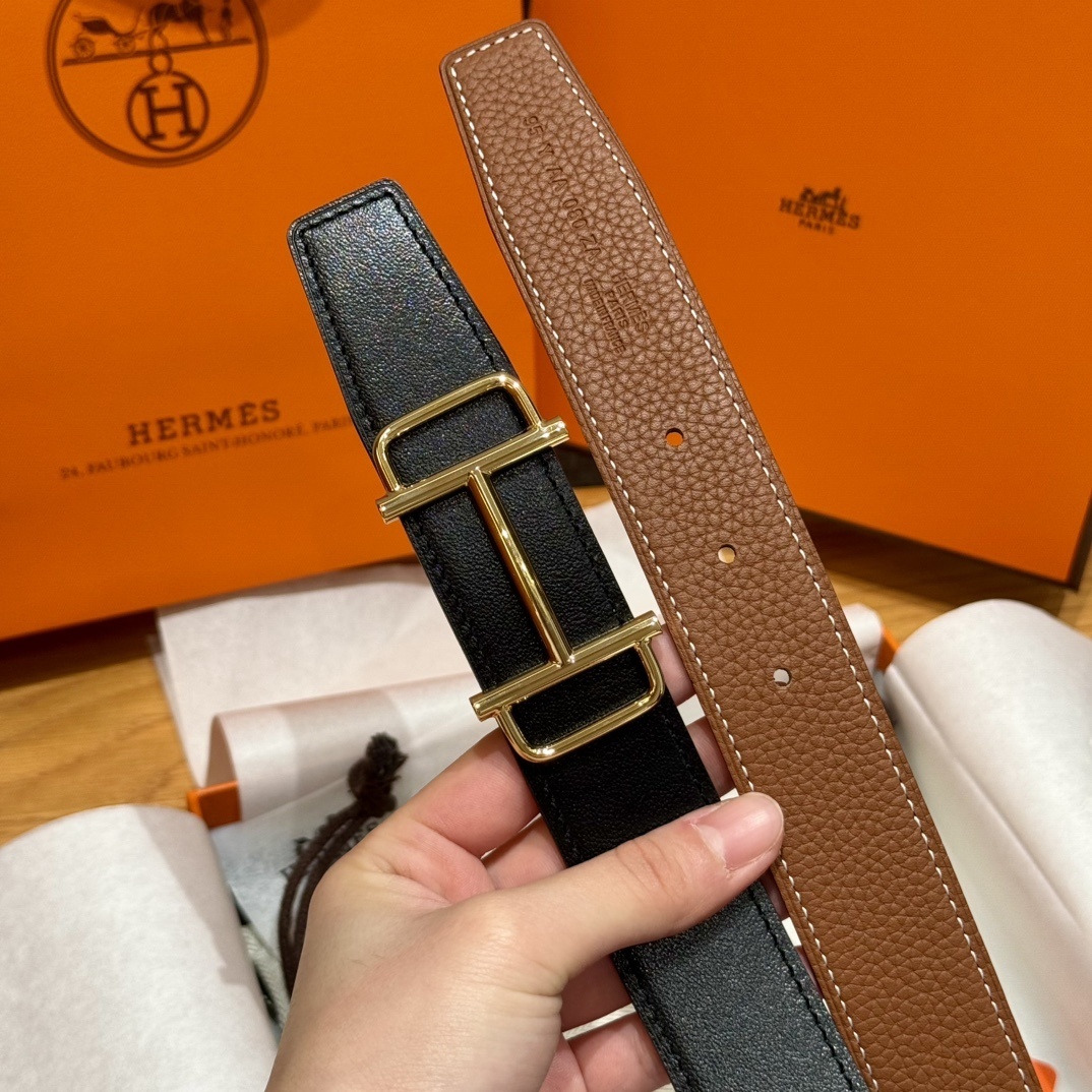 Luxury Hermes Brown Leather Belt with Iconic Gold H Buckle
