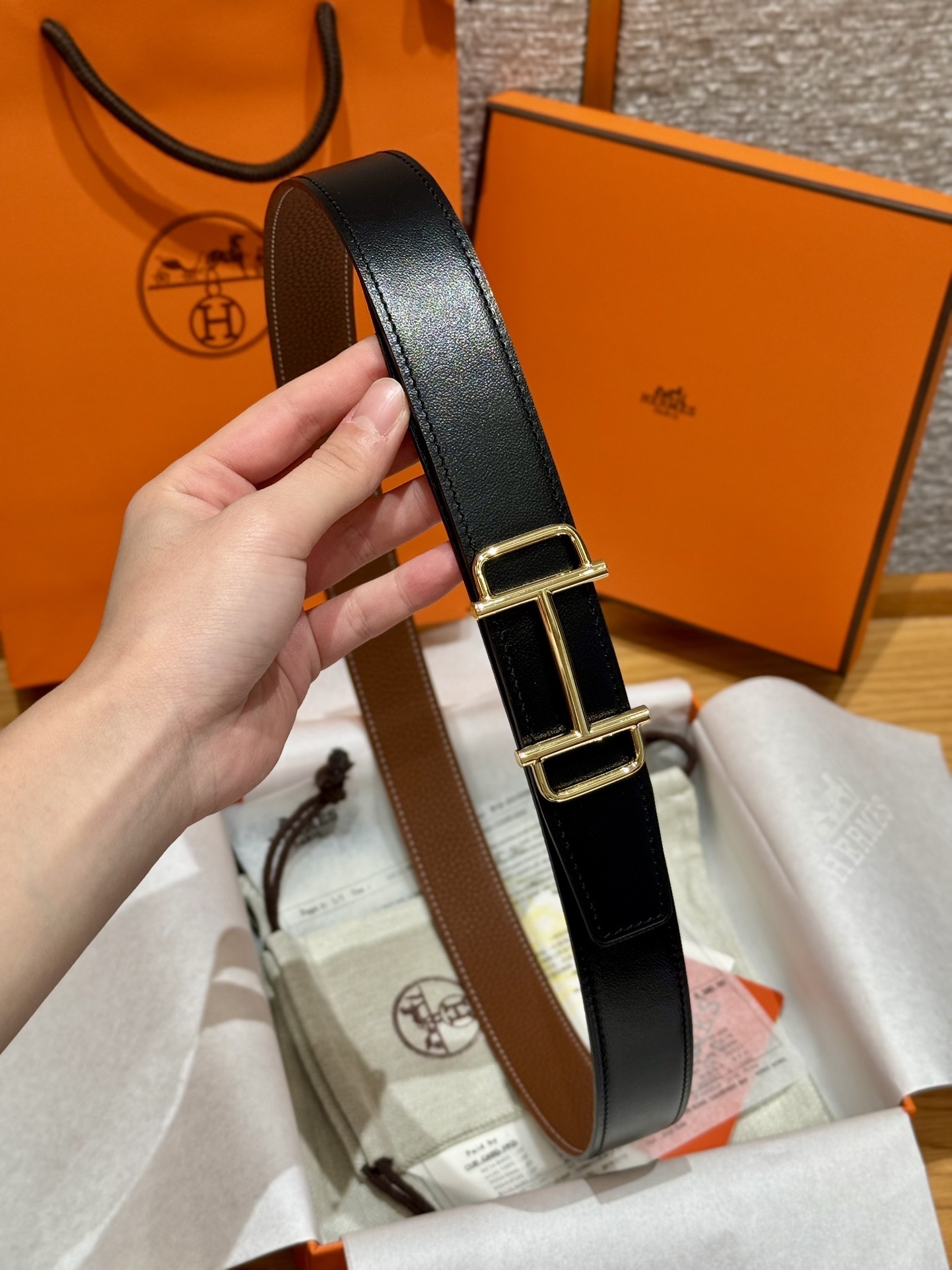 Luxury Hermes Brown Leather Belt with Iconic Gold H Buckle