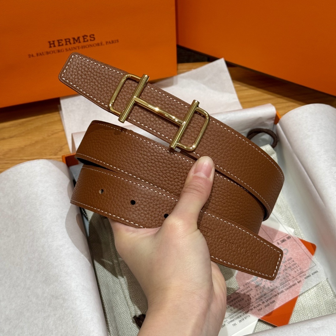 Luxury Hermes Brown Leather Belt with Iconic Gold H Buckle
