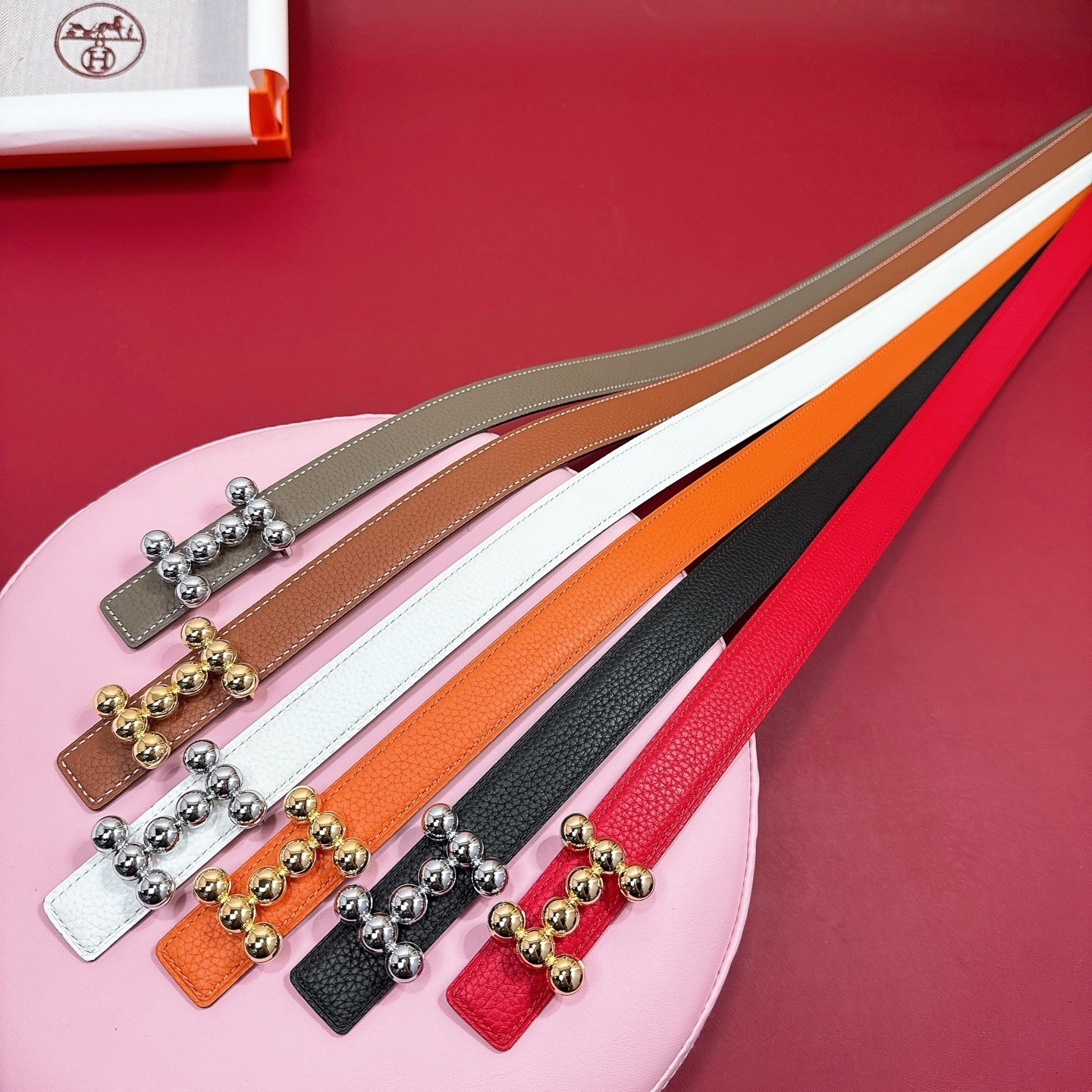 Luxury Grained Leather Belt with Silver Beaded H Buckle - Taupe