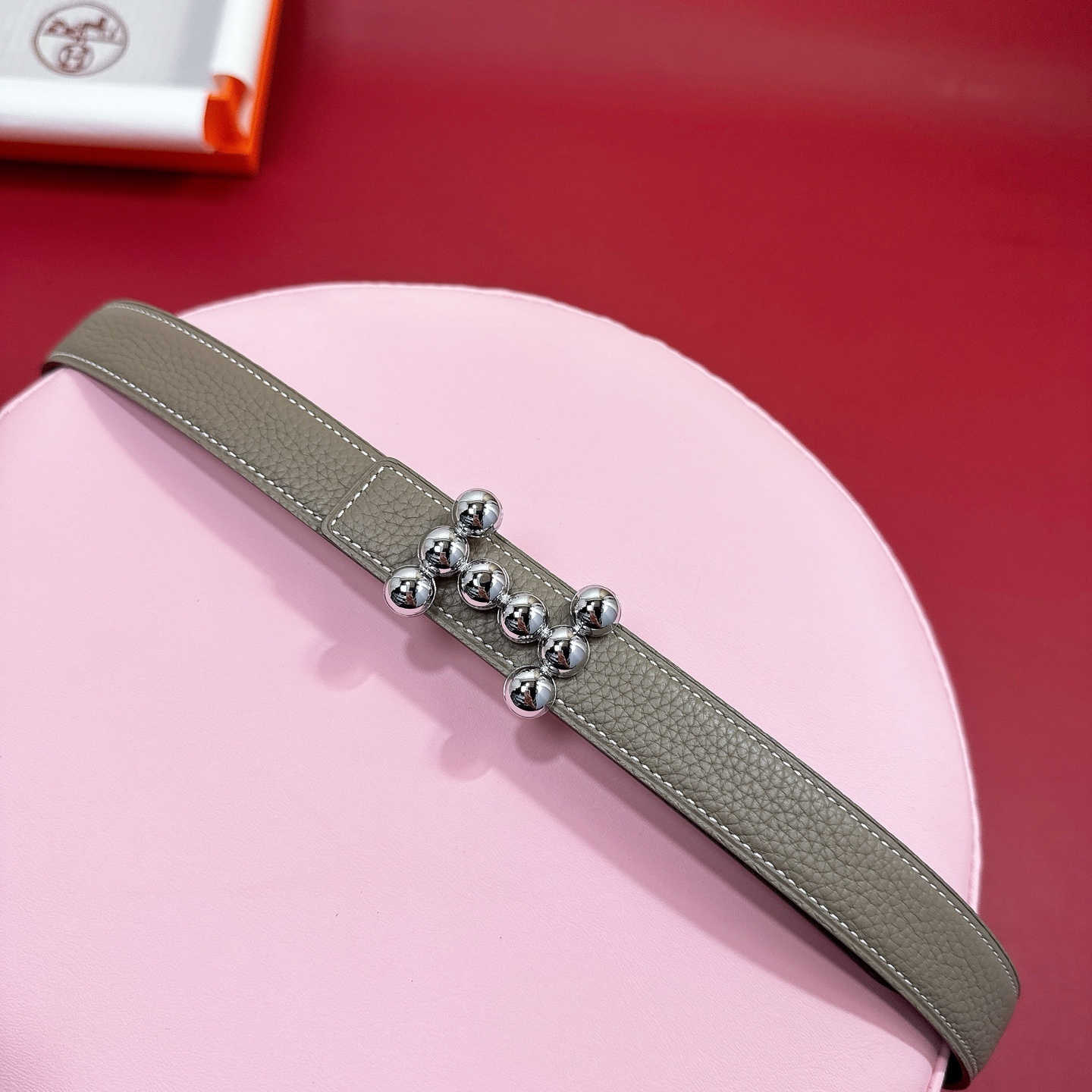 Luxury Grained Leather Belt with Silver Beaded H Buckle - Taupe