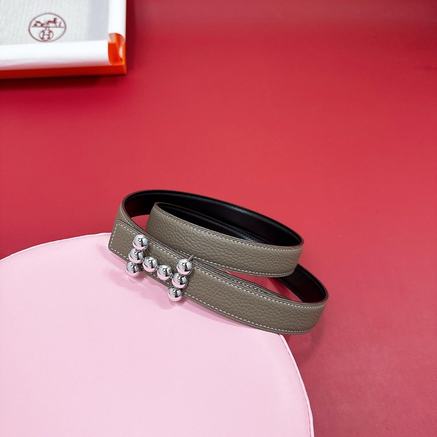 Luxury Grained Leather Belt with Silver Beaded H Buckle - Taupe