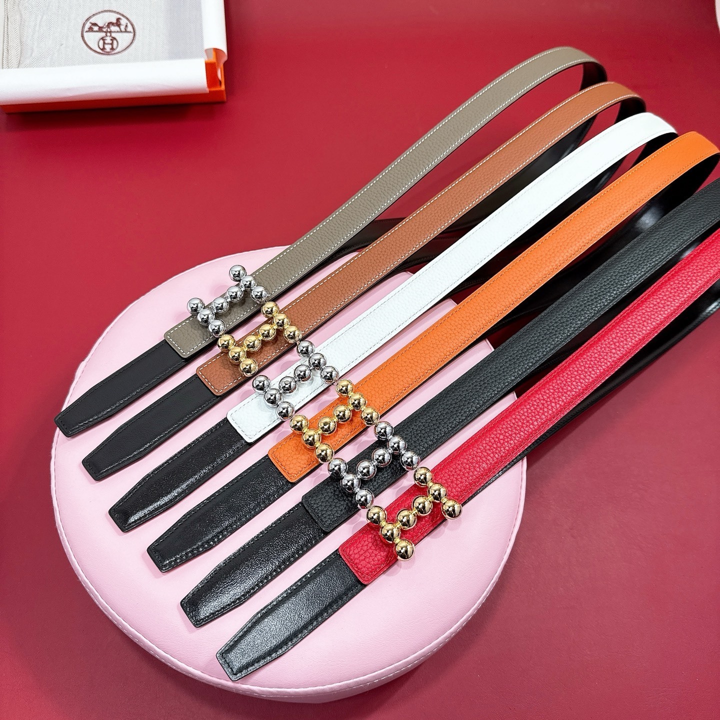 Luxury Women's Leather Belt - Orange with Gold Studded H Buckle