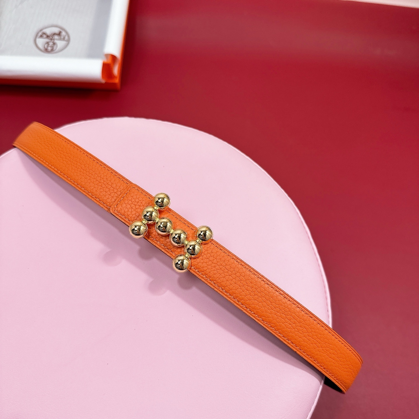 Luxury Women's Leather Belt - Orange with Gold Studded H Buckle