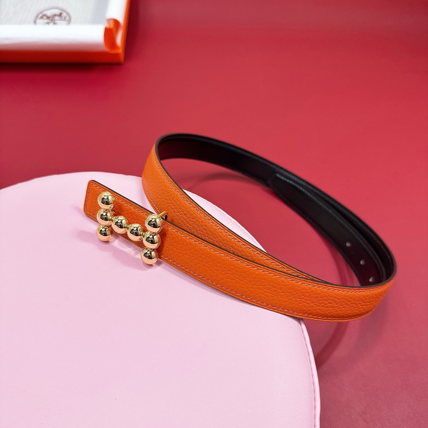Luxury Women's Leather Belt - Orange with Gold Studded H Buckle