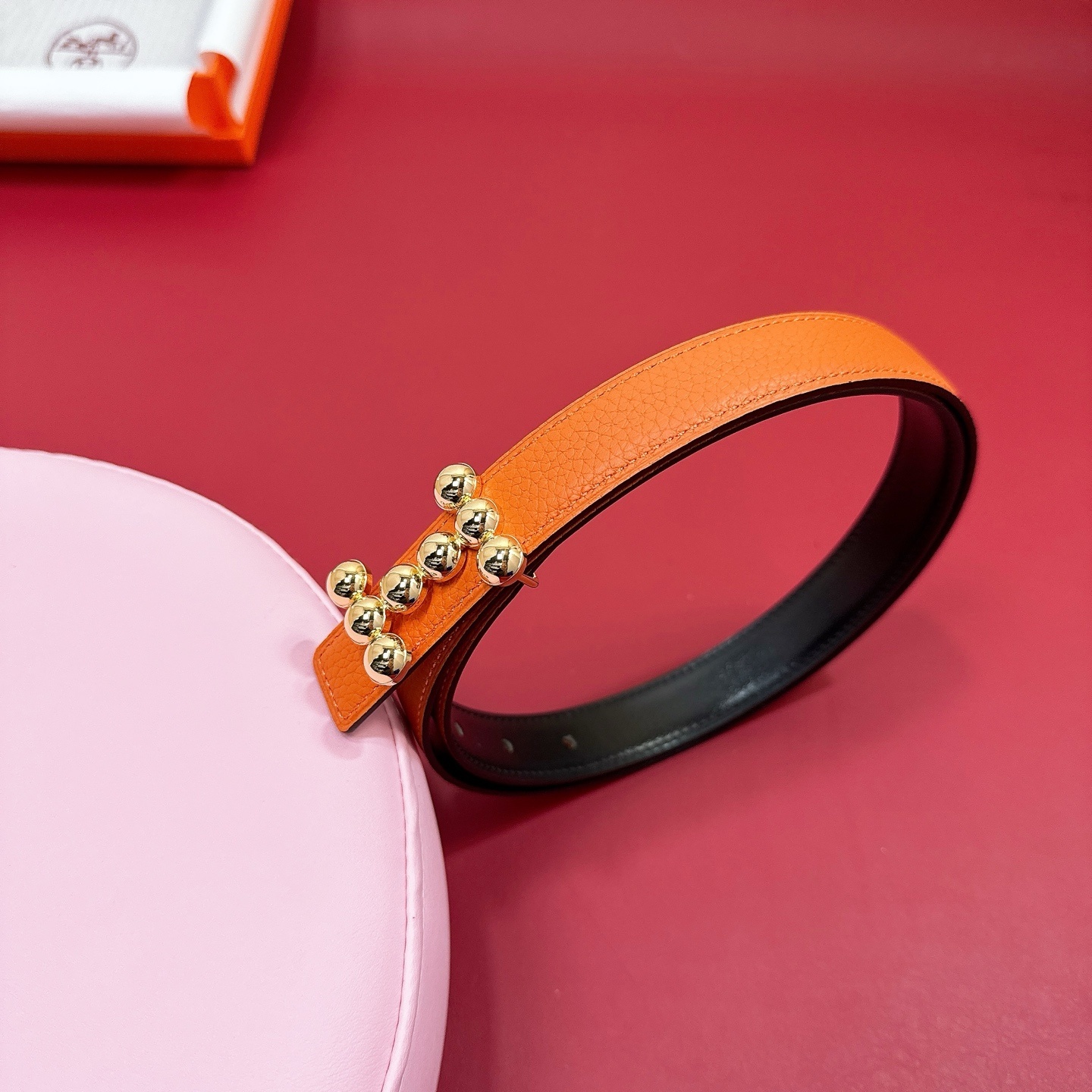 Luxury Women’s Leather Belt – Orange with Gold Studded H Buckle