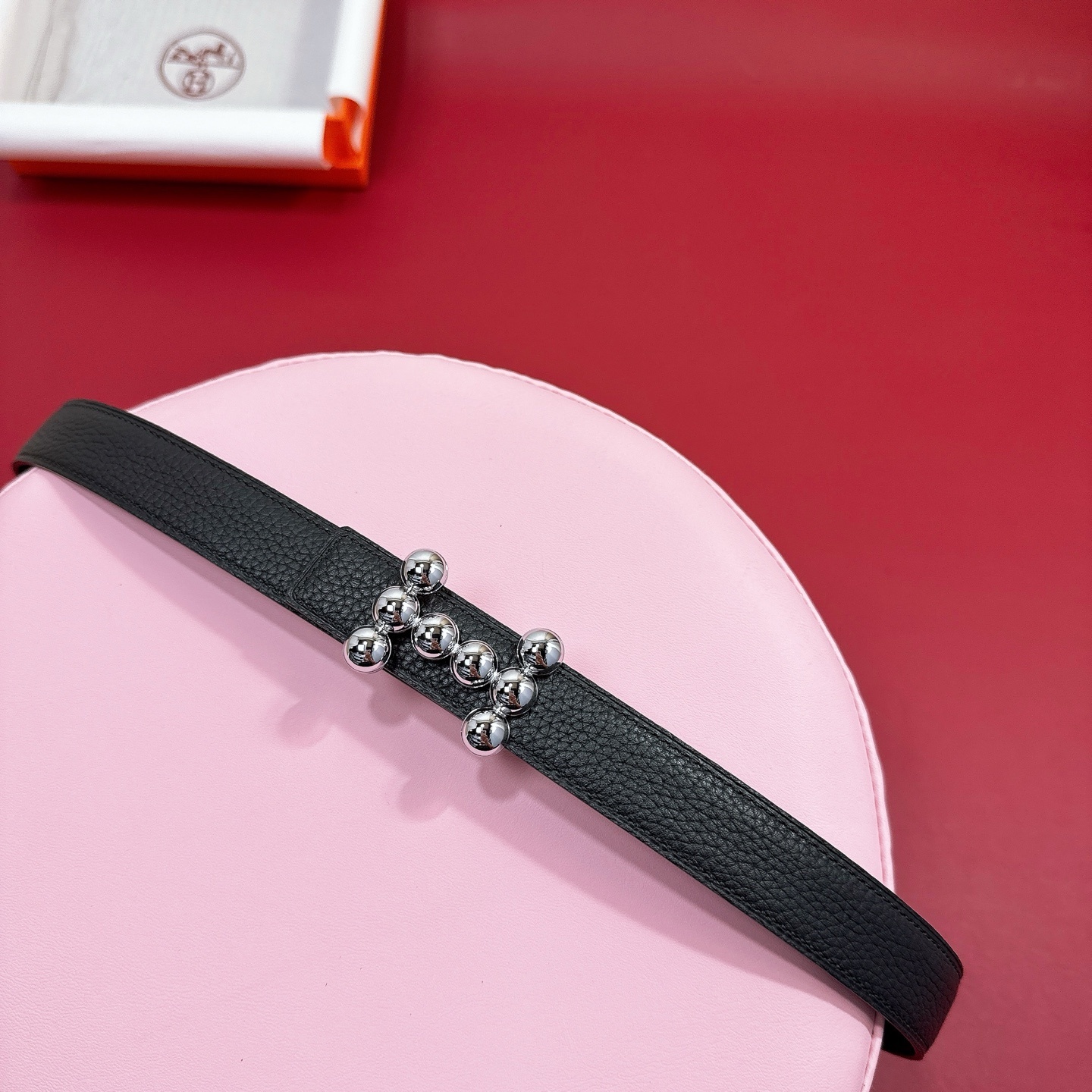 Women's Luxury Black Leather Belt with Silver Sphere H Buckle