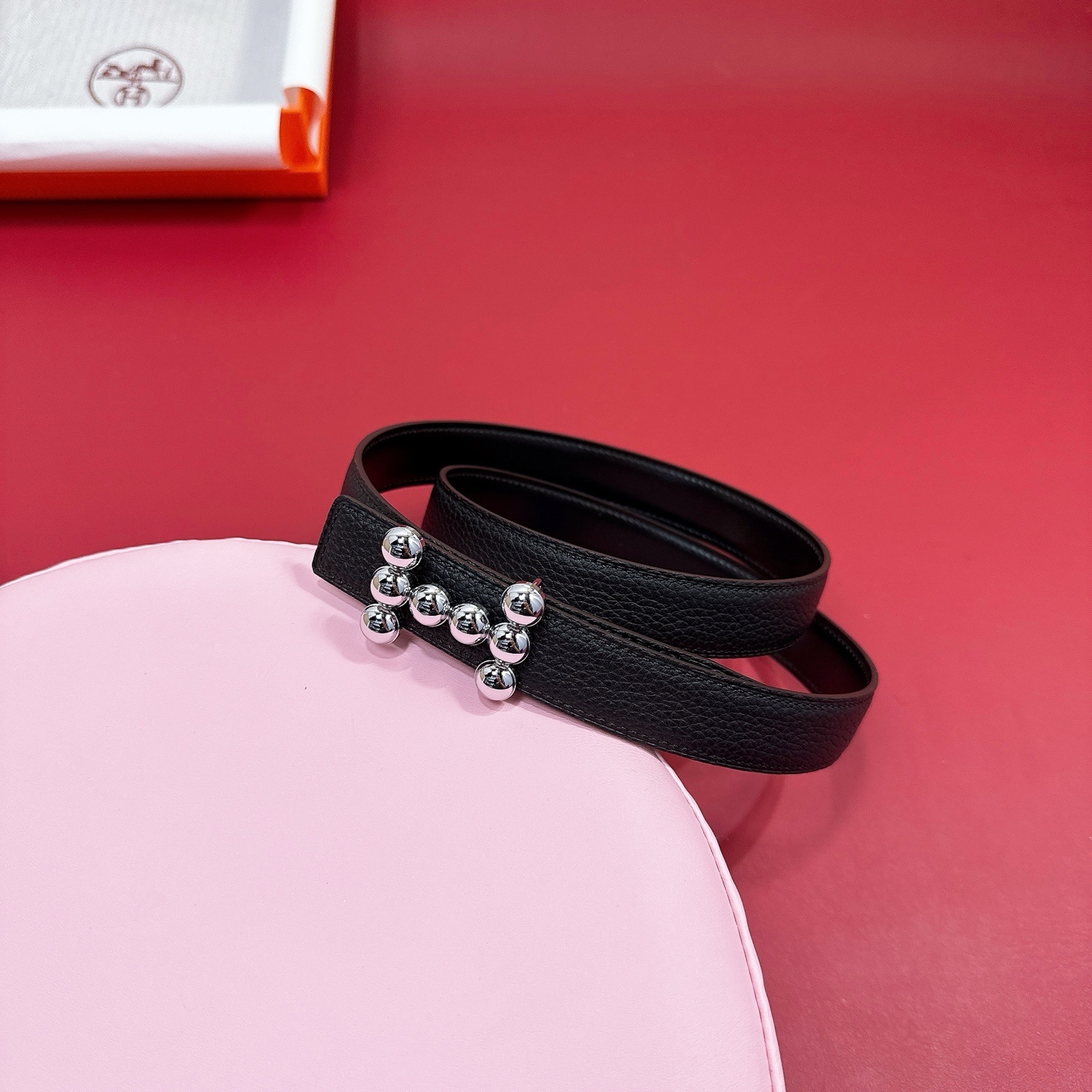 Women's Luxury Black Leather Belt with Silver Sphere H Buckle