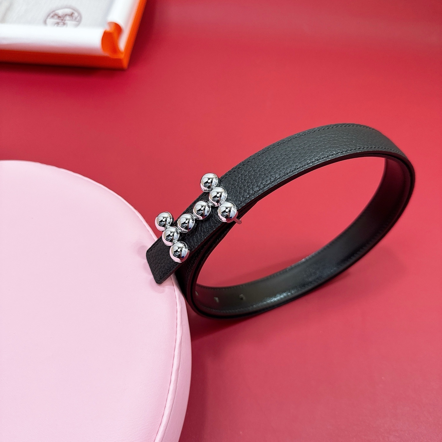 Women’s Luxury Black Leather Belt with Silver Sphere H Buckle