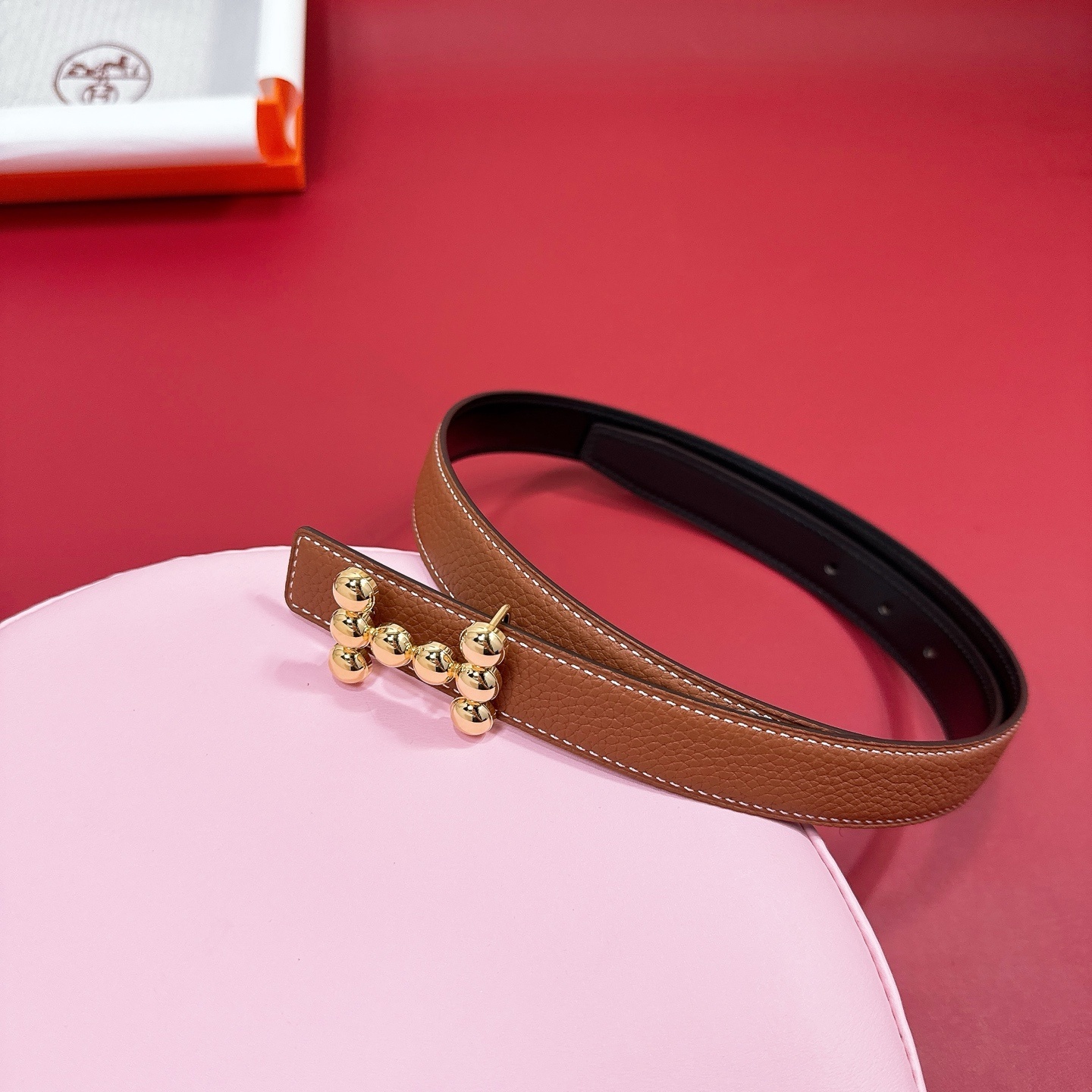 Premium Leather Reversible Belt with Gold Beaded H Buckle