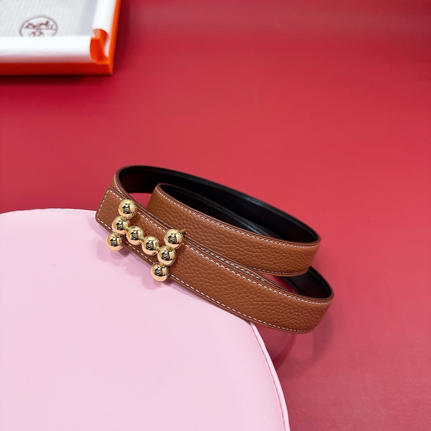 Premium Leather Reversible Belt with Gold Beaded H Buckle