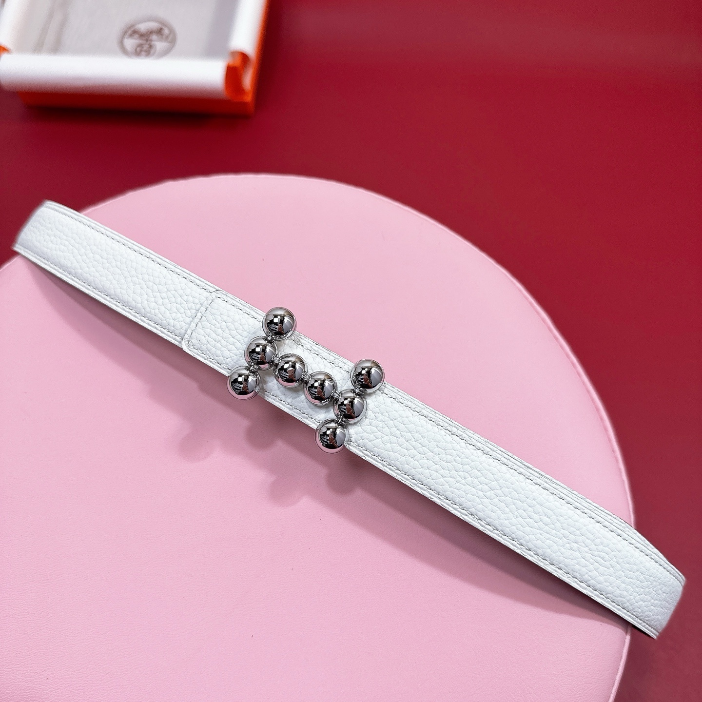 Hermès White Reversible Leather Belt with Silver Bead Buckle