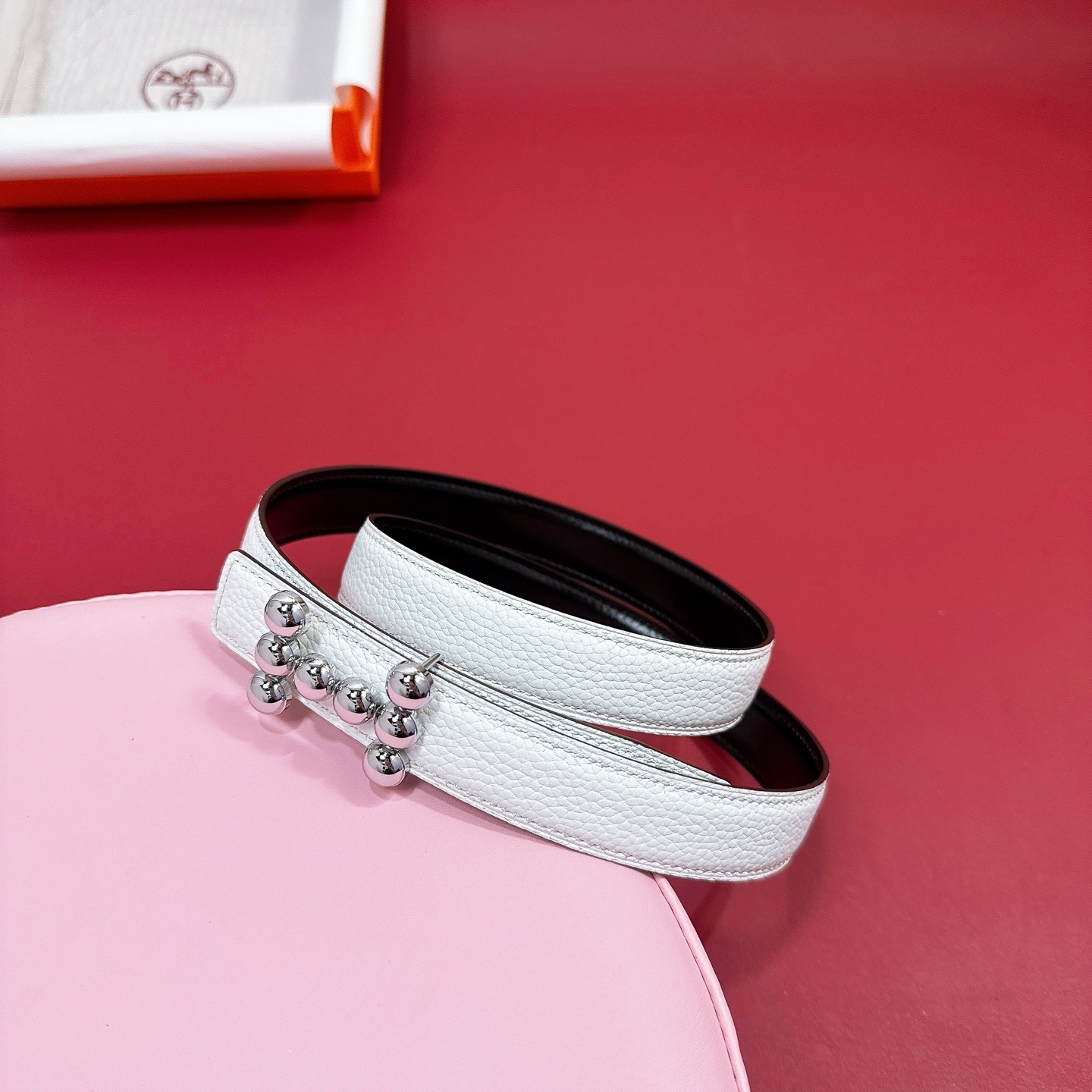 Hermès White Reversible Leather Belt with Silver Bead Buckle